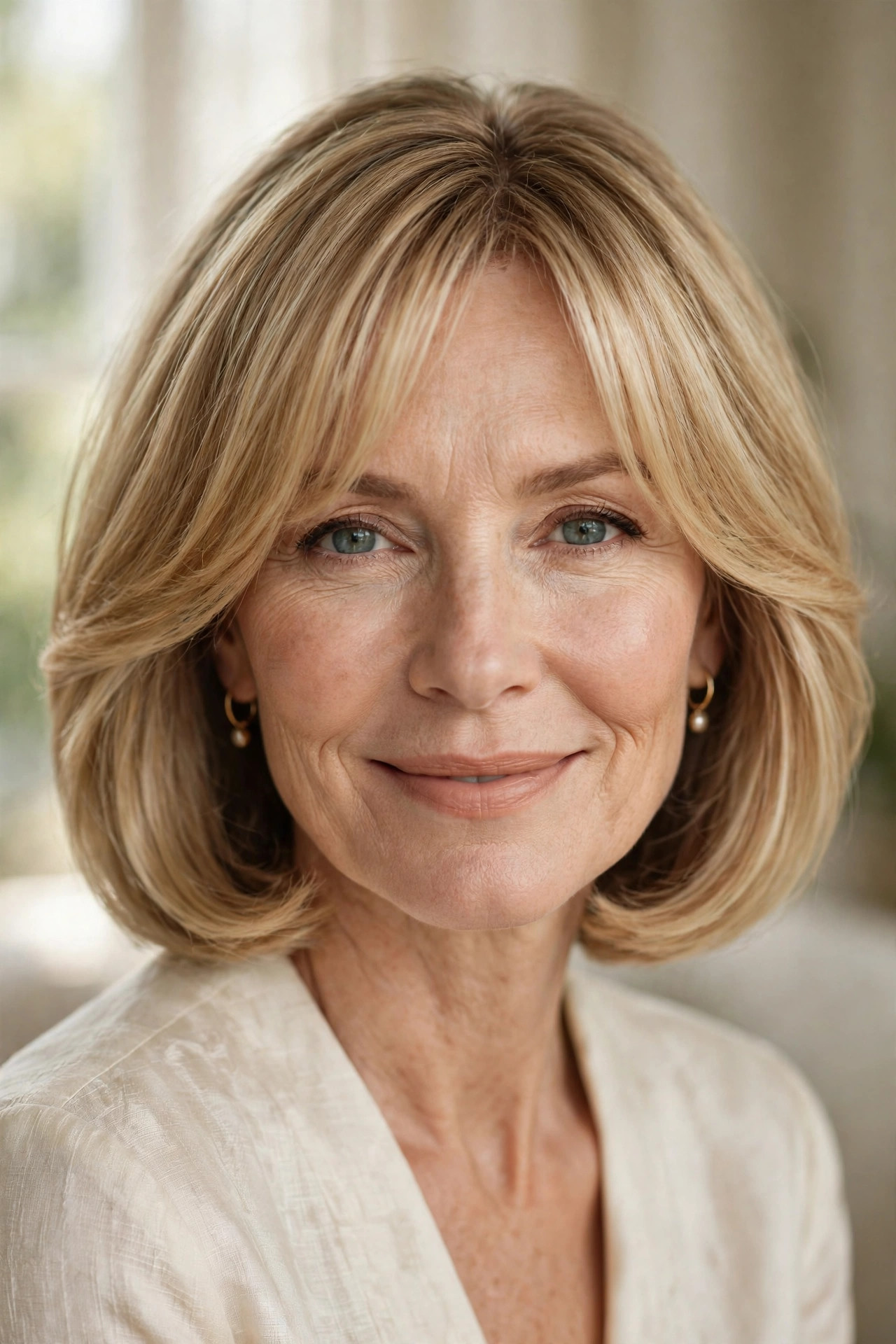 Rounded lob with curtain bangs and soft face-framing layers