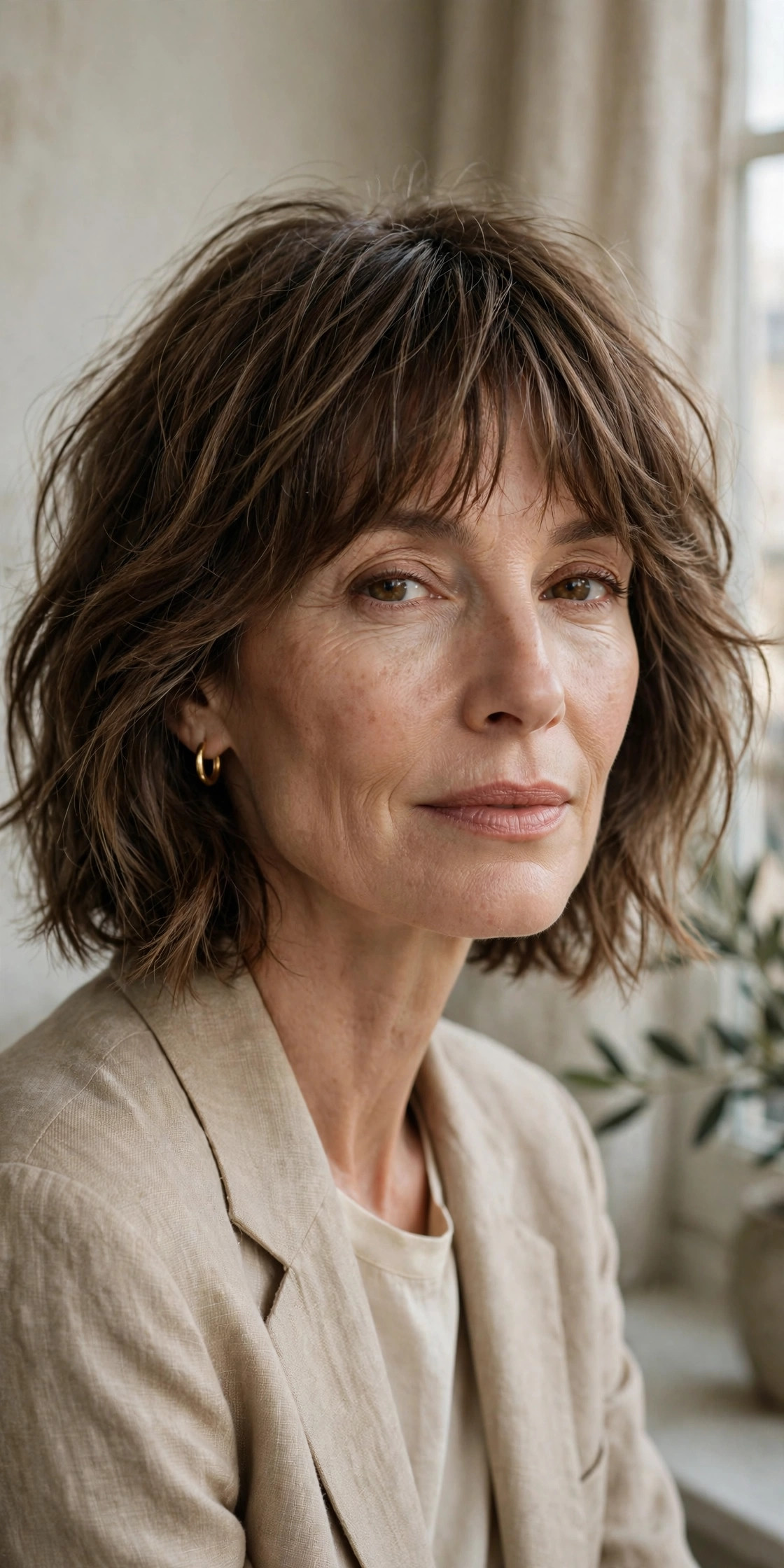 French-inspired lob with piecey bangs and undone texture