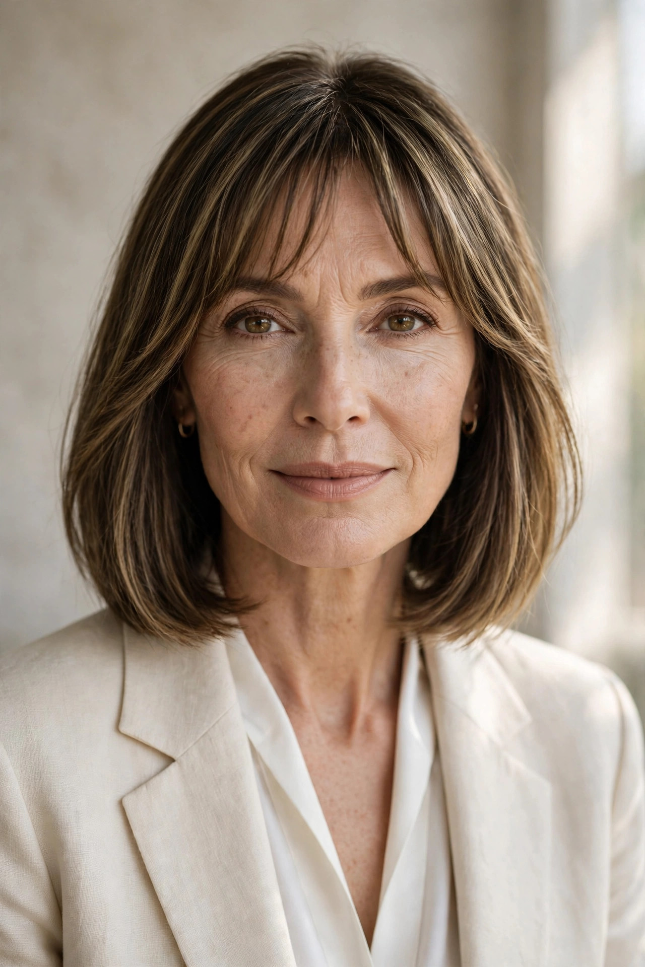 Soft A-line lob with wispy brow-length bangs, modern outline