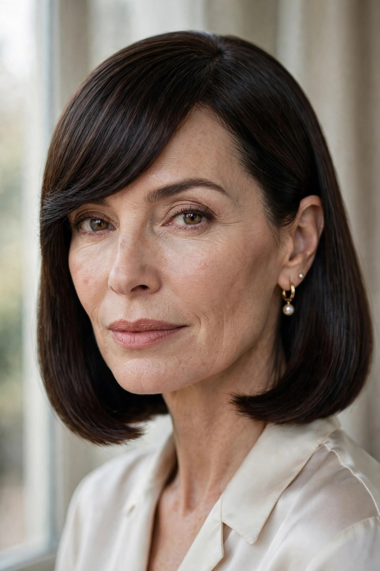 Mirror-smooth glass-hair lob with sleek side bang