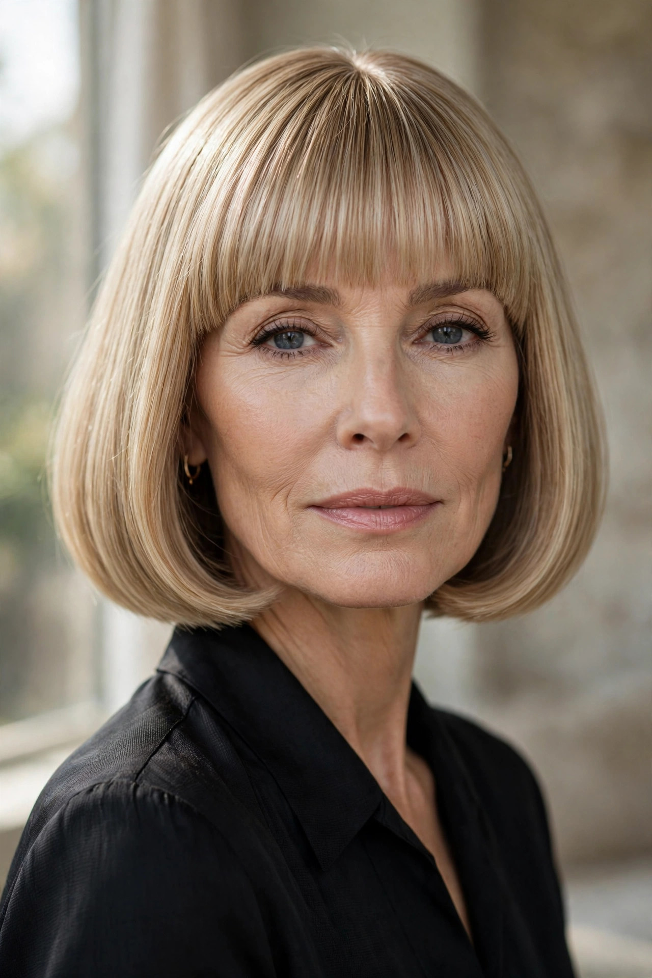 Rounded lob with clean blunt bang across the forehead