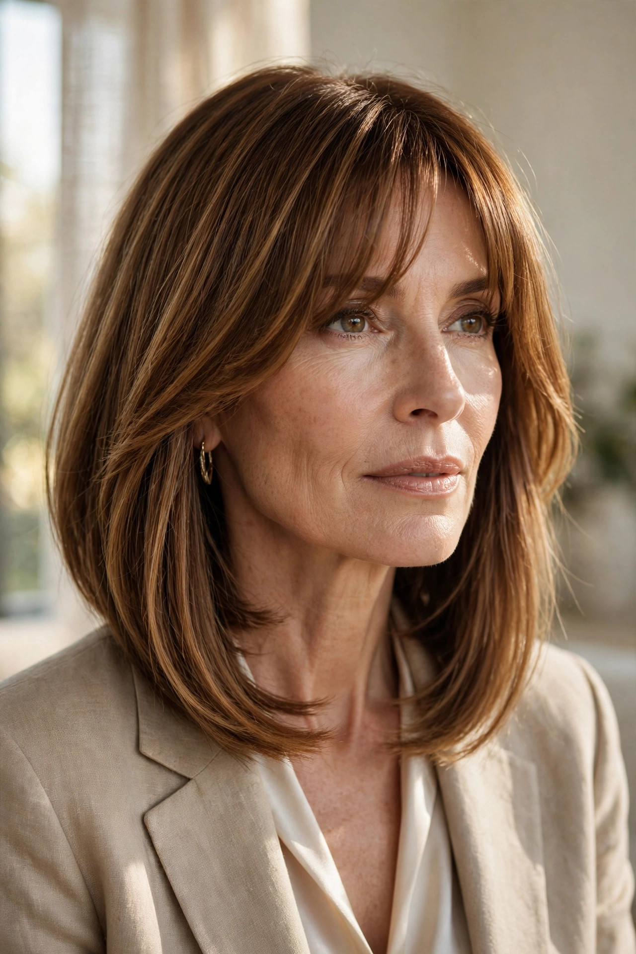 A-line lob longer in front with curtain bangs