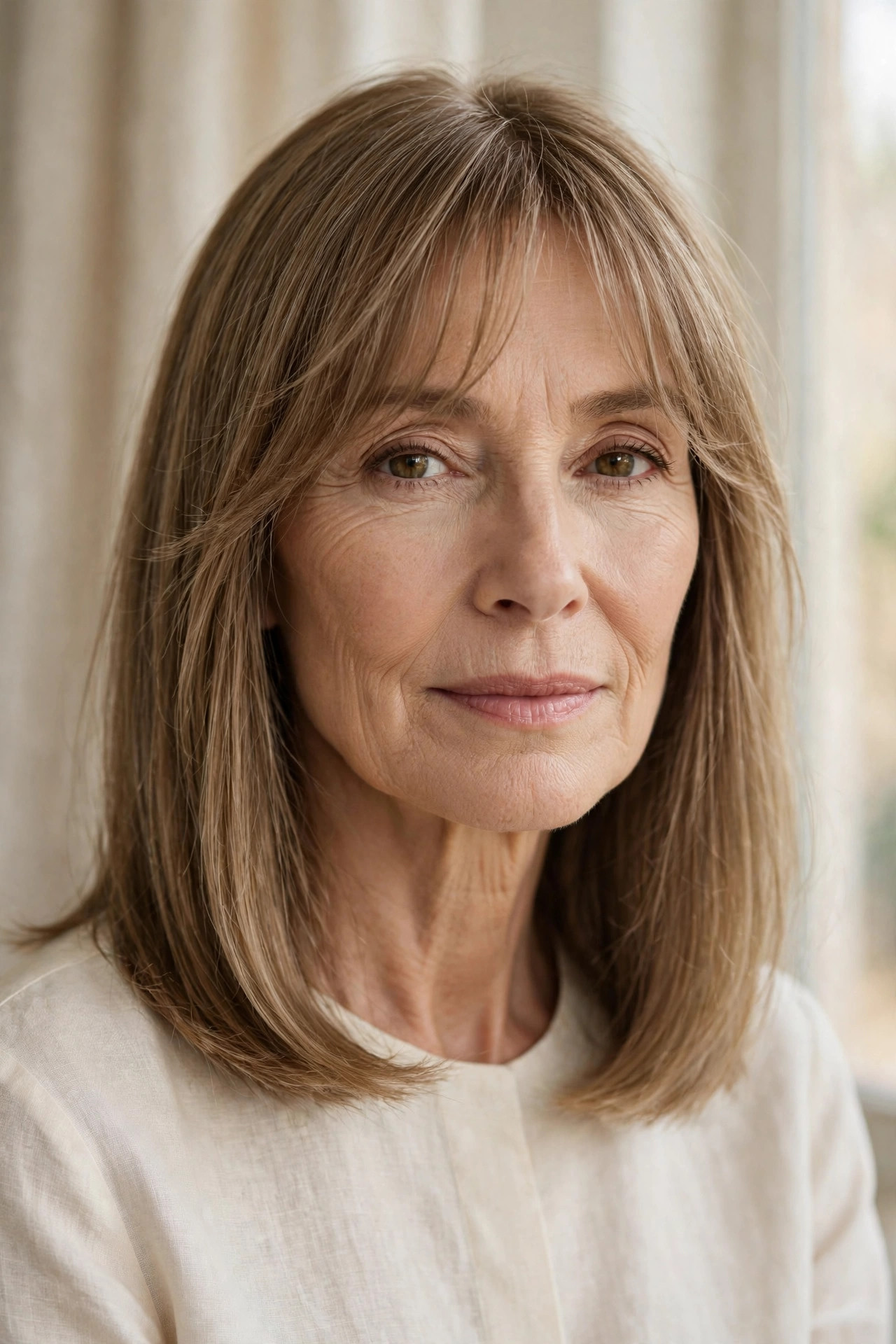 Minimal clean lob with long wispy bangs, no layering