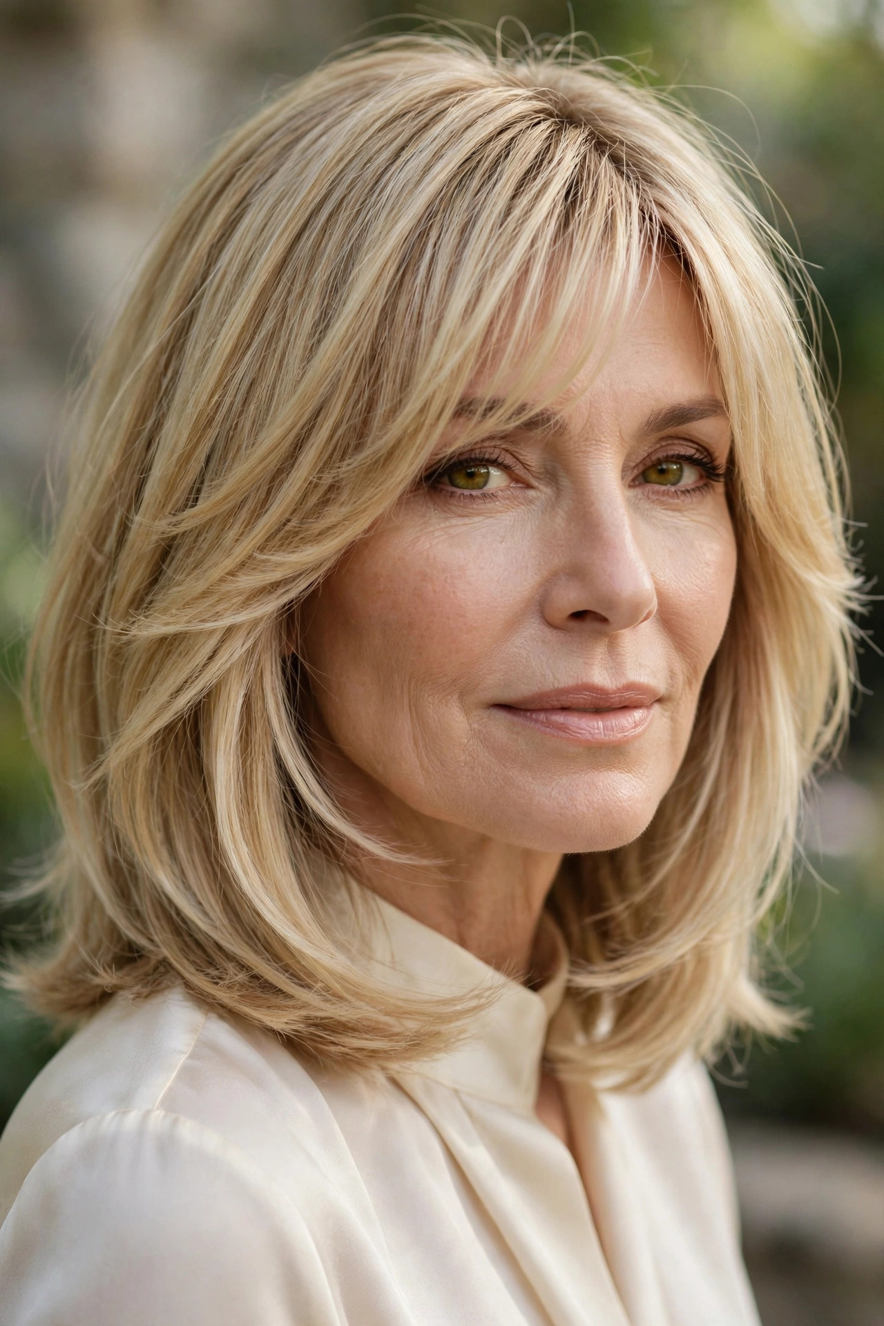 Lob with layered bangs blending into face-framing pieces