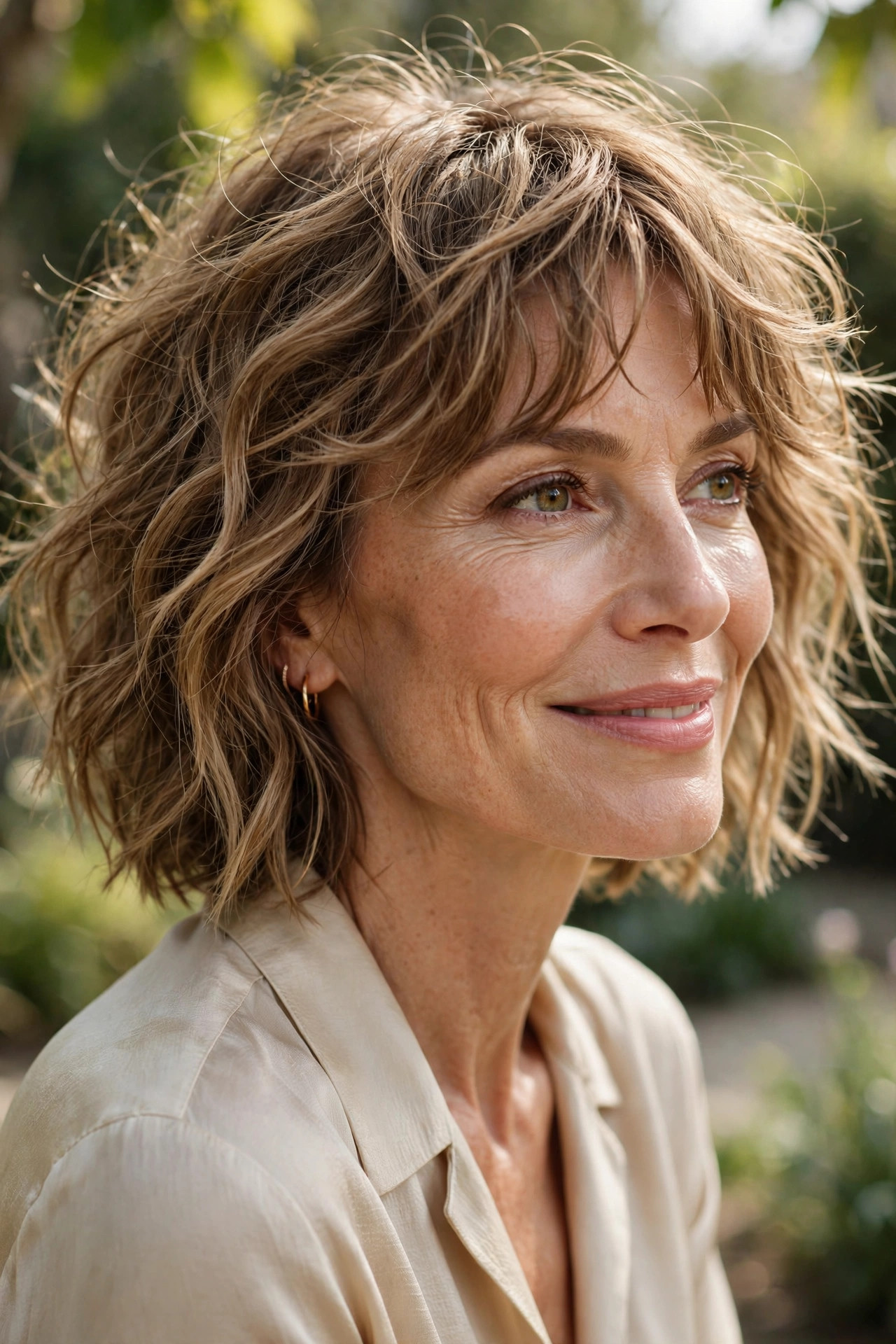 Wavy bob-length lob with tousled bangs and beachy texture