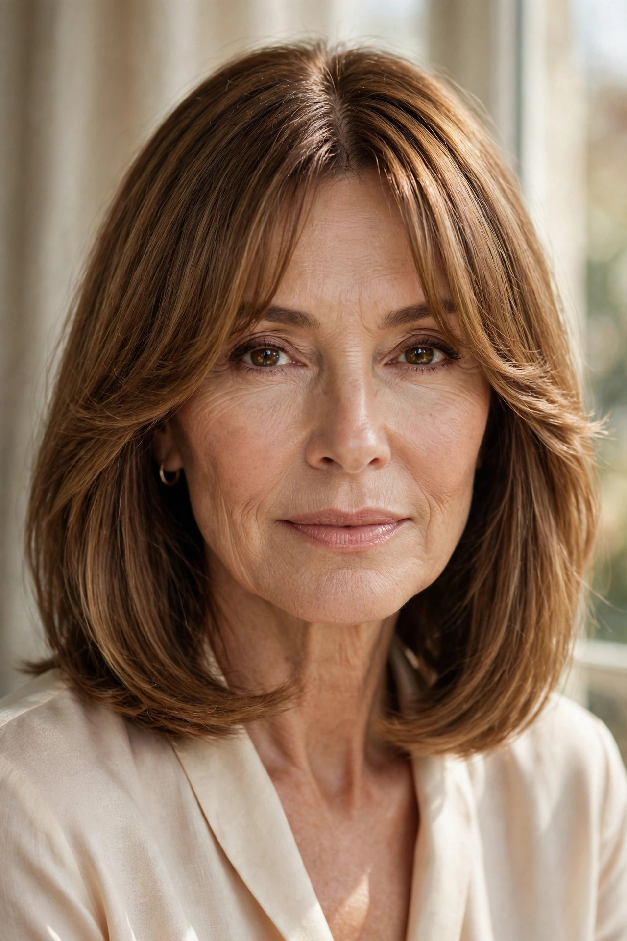 Lob with versatile bangs worn center-parted as soft curtains