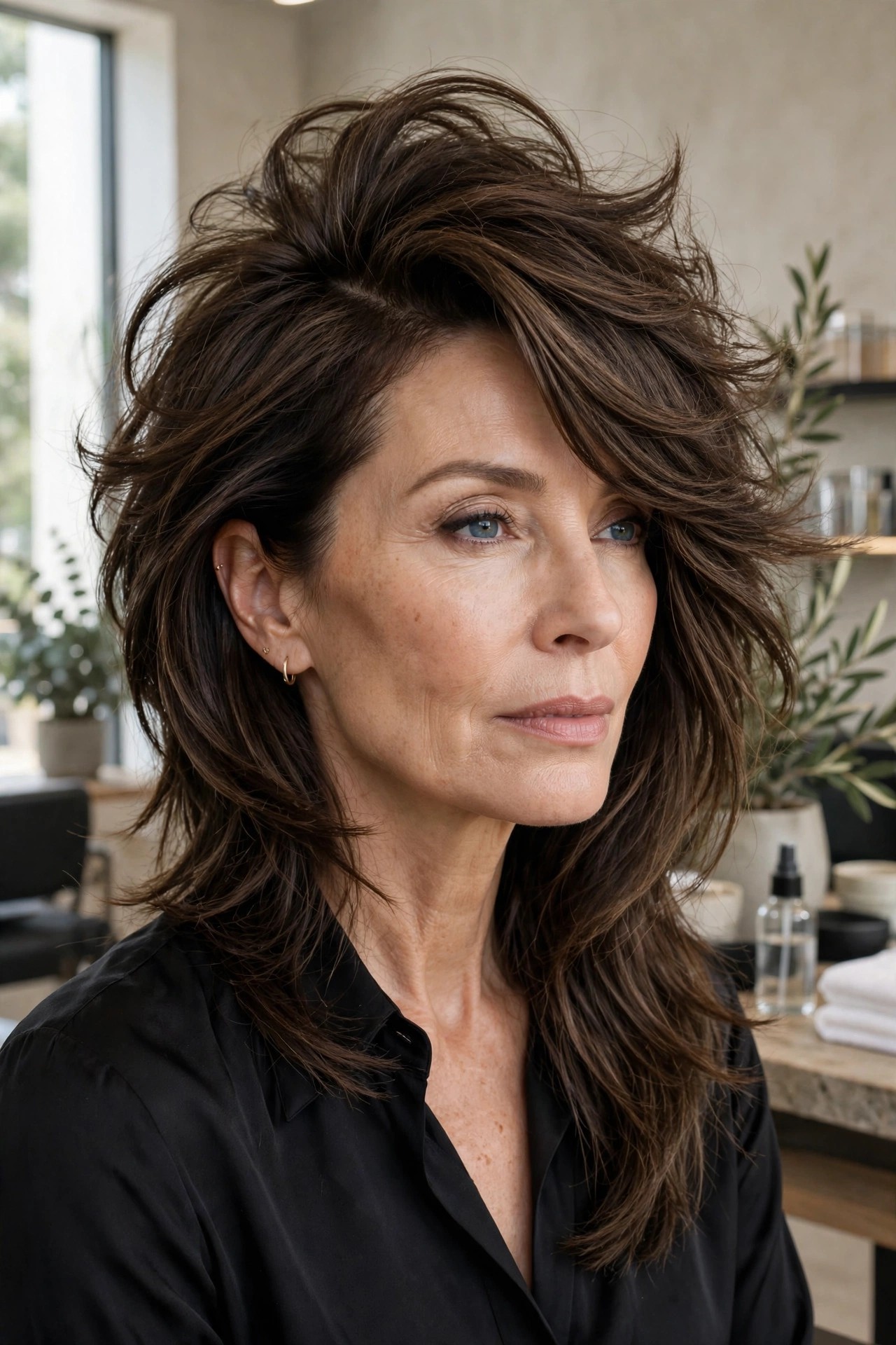 Side-part volume shag with deep side part and sweeping layers