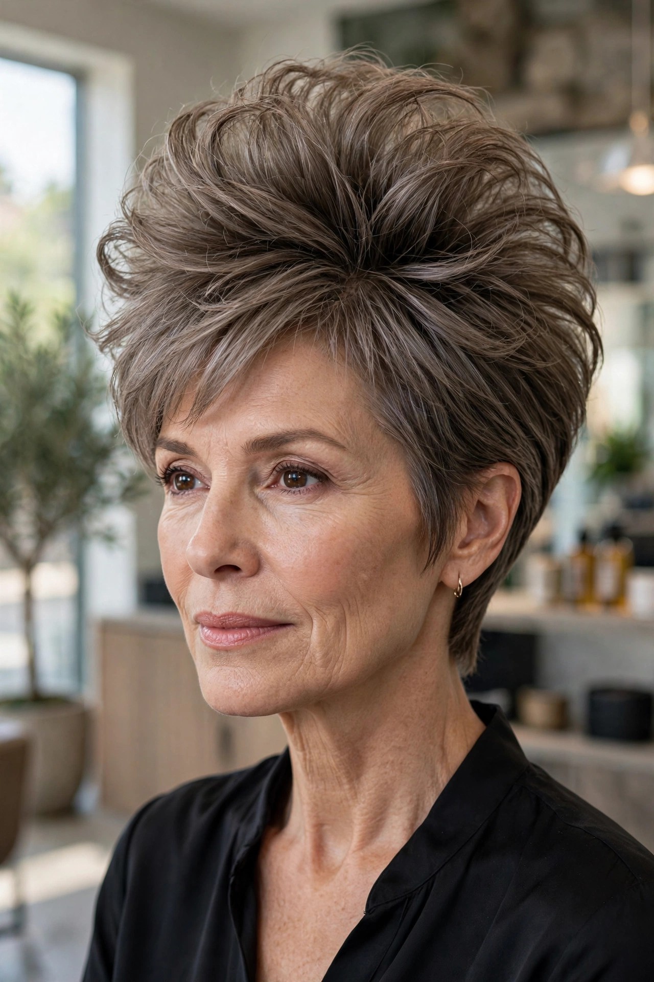 Layered crown shag with stacked crown volume