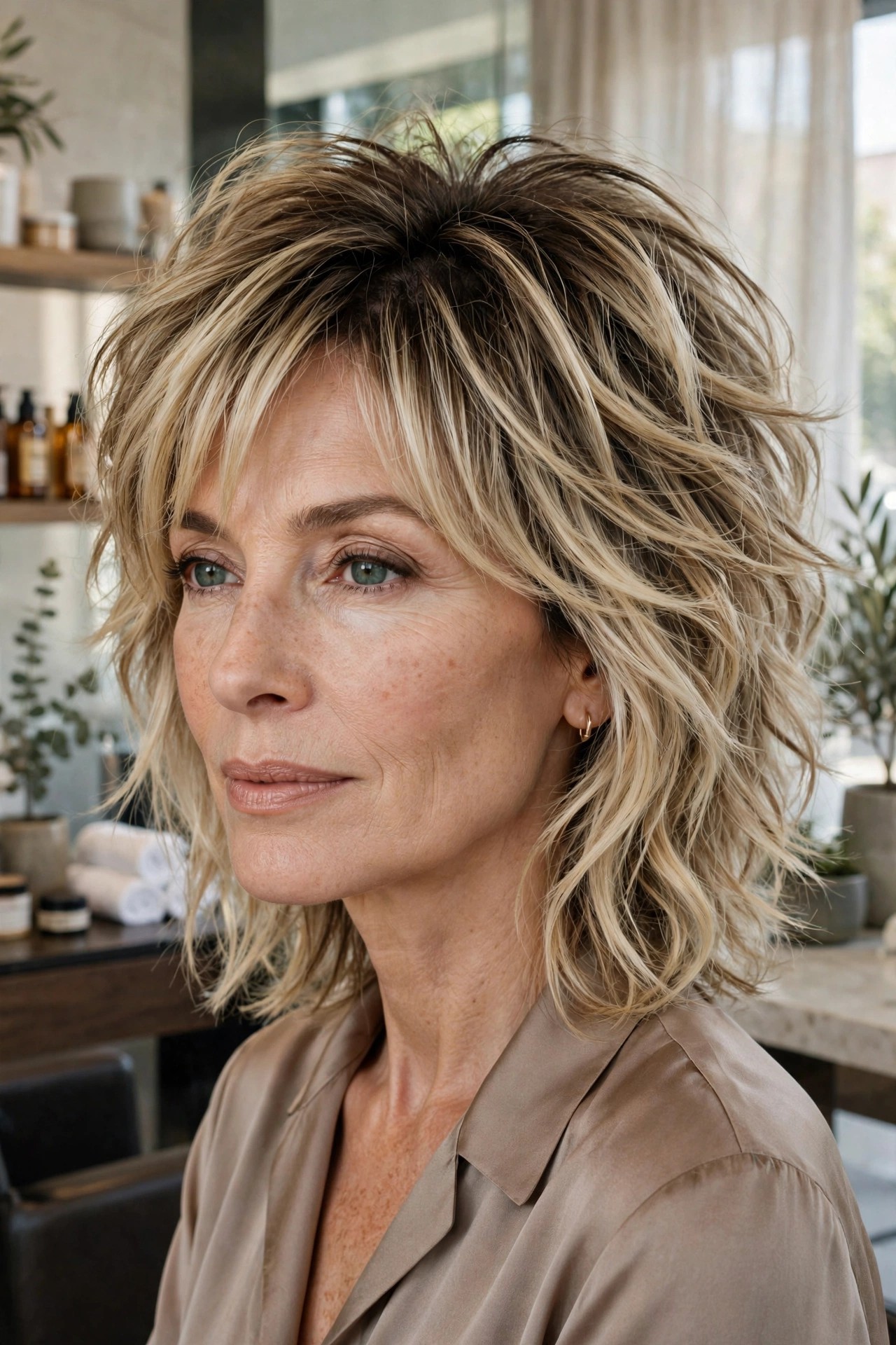 Root-shadow shag with darker roots and blonde ends
