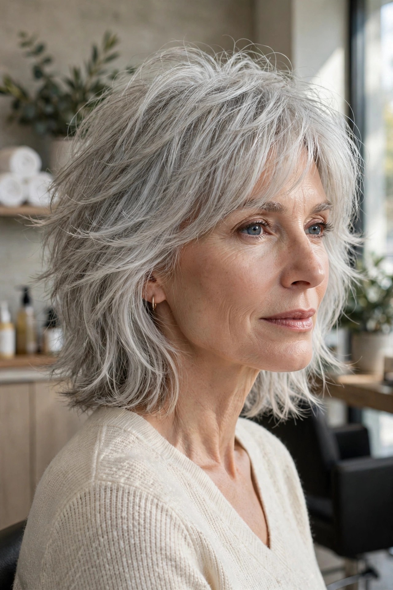 Silver fullness shag with natural silver hair