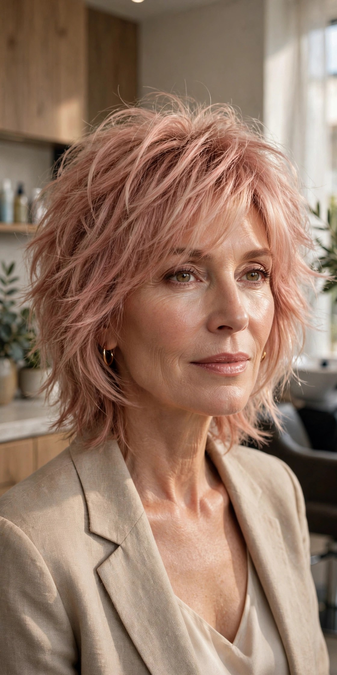 Rose-tinted volume shag with rose-gold gloss