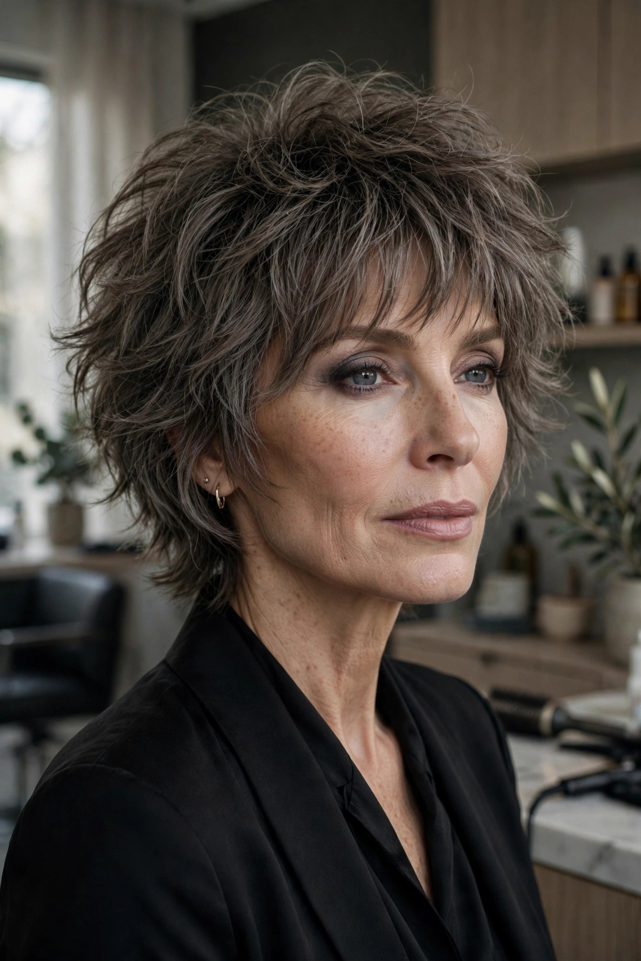 Smoky volume shag in smoky brown-gray tones