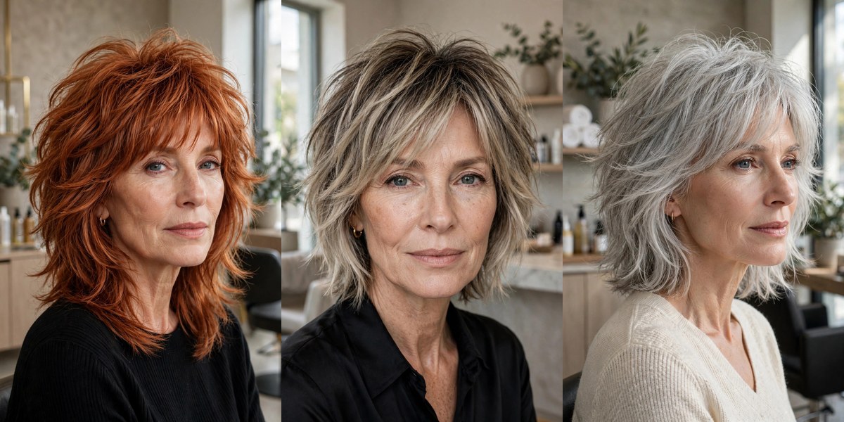Three short shag haircuts for fine hair: copper volume shag, ash-blonde density shag, and silver fullness shag