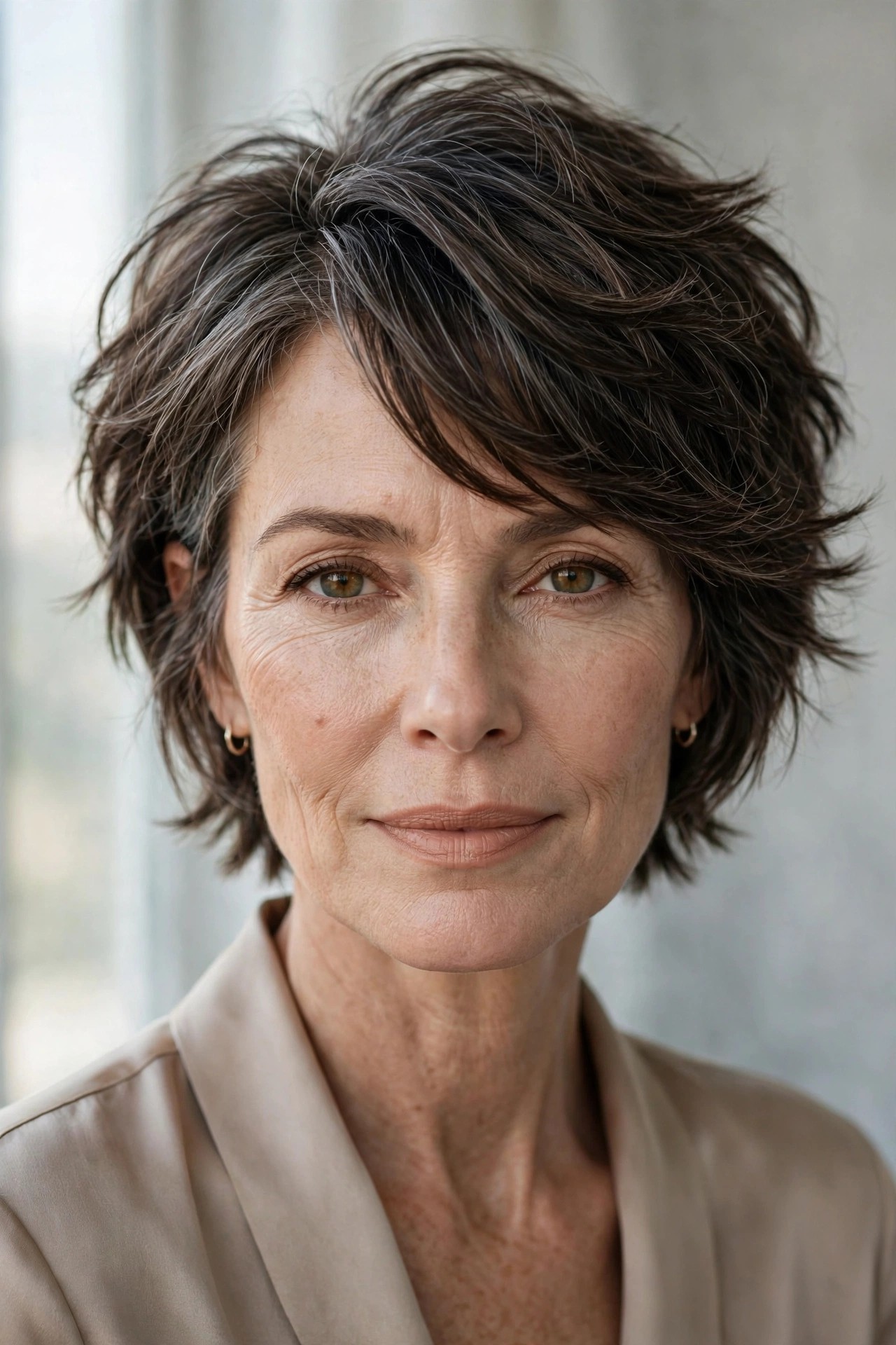 Woman over 50 with a shaggy bixie haircut and deep side part