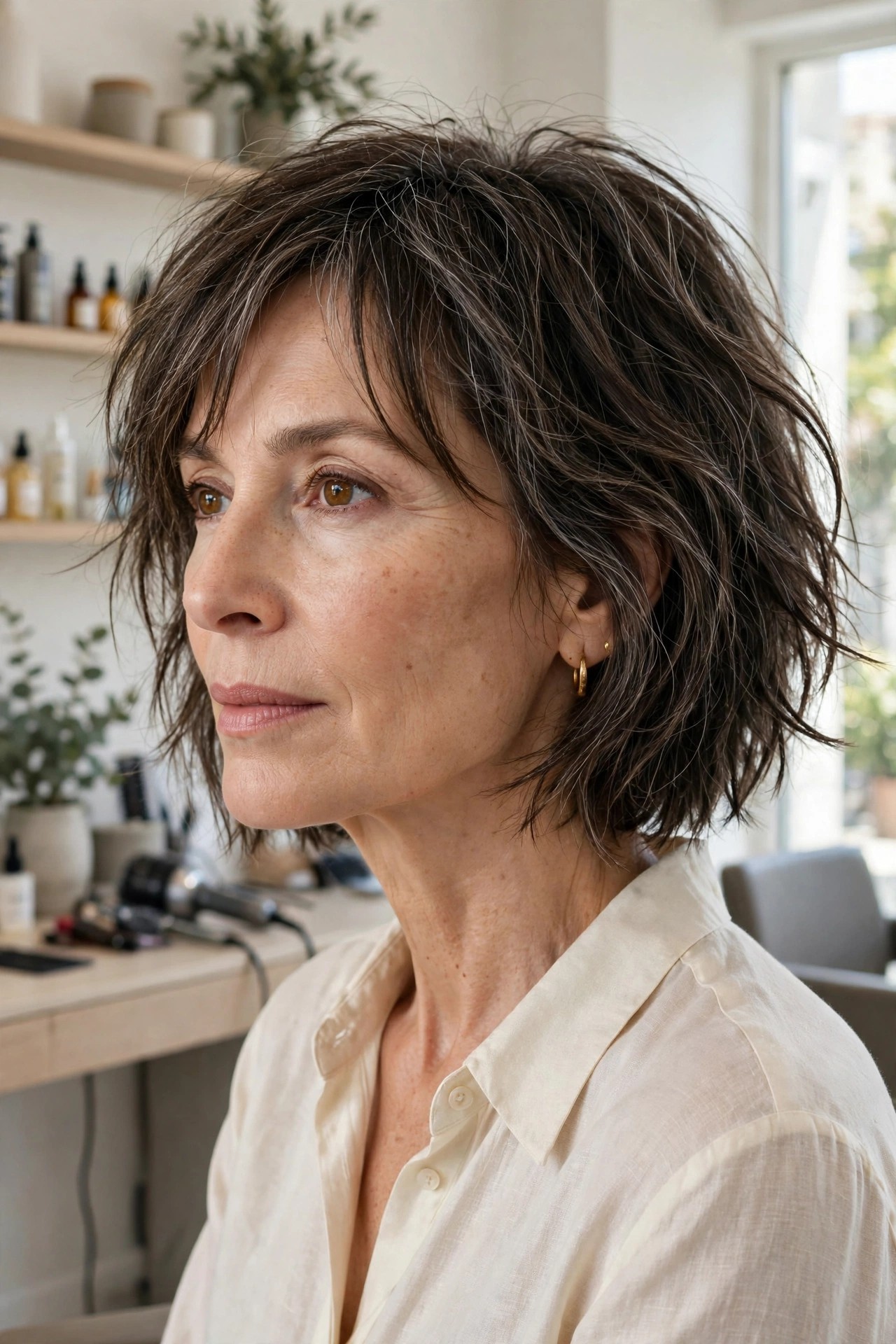 Chin-length choppy shaggy bob with face-framing pieces