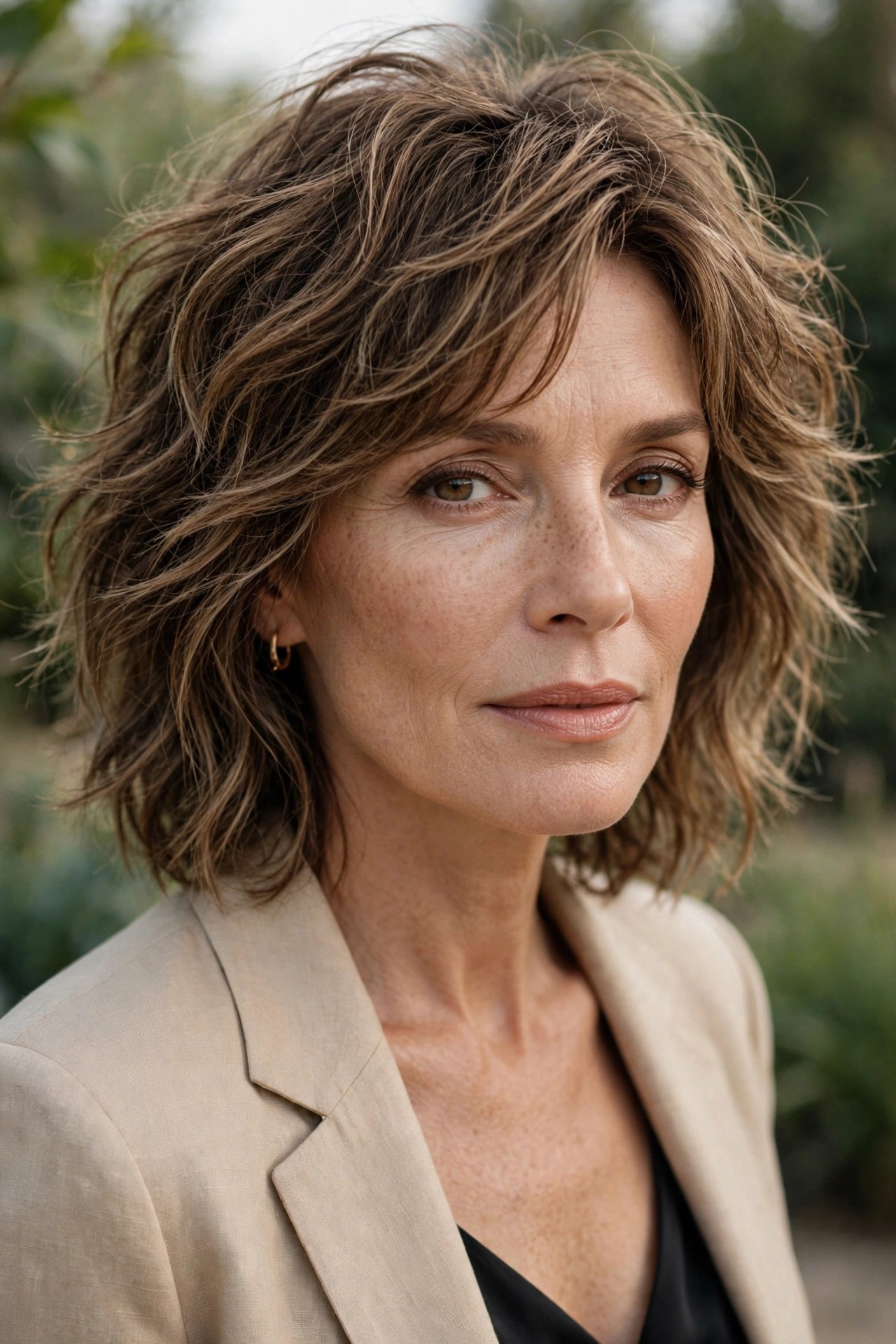 Wavy tousled shag haircut with layered beachy texture