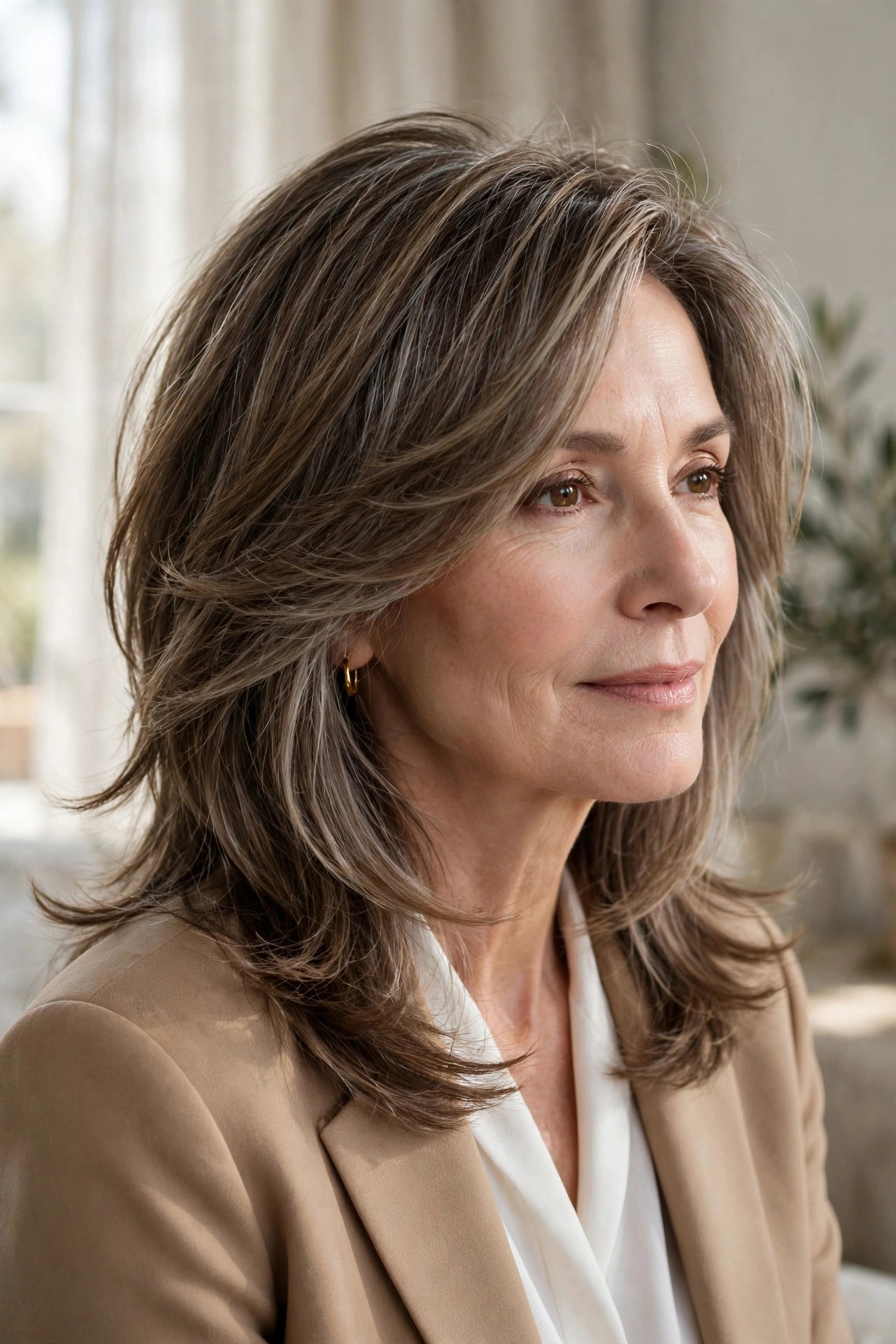 Soft layered shag haircut swept to one side