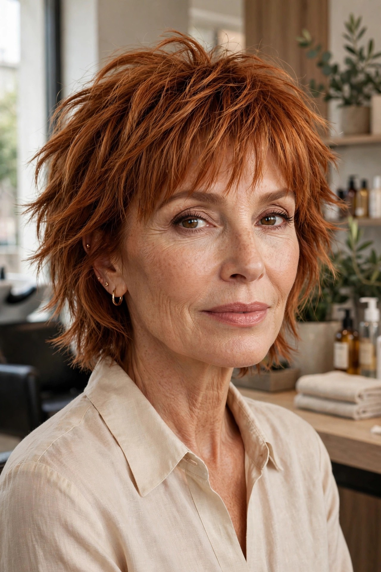 Copper choppy shag haircut with textured fringe