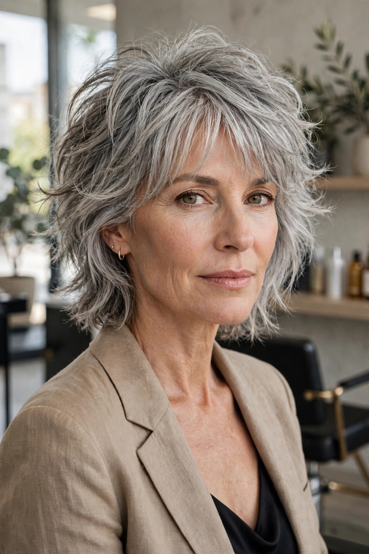 Silver fox shag haircut showing natural gray hair