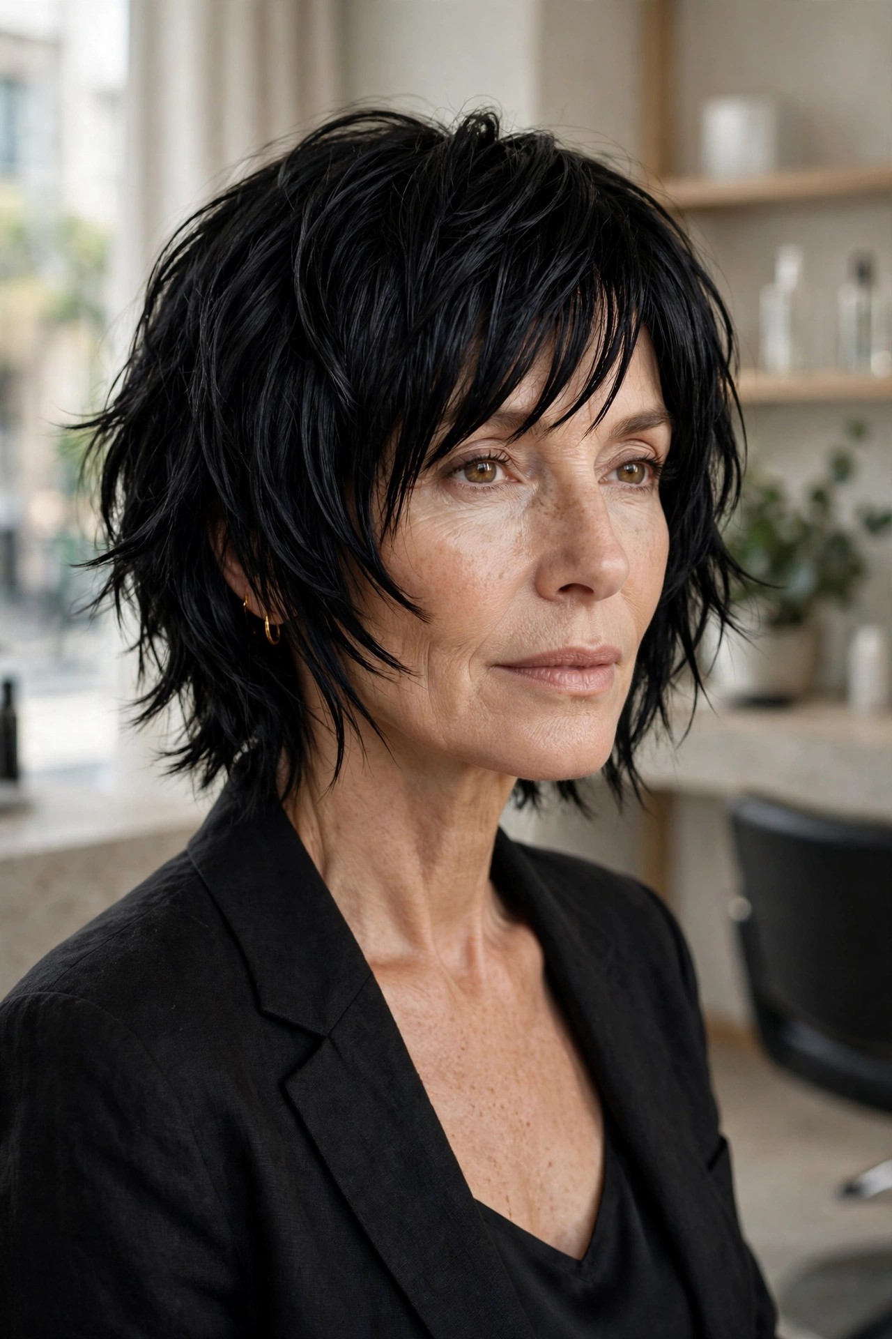 Jet-black razor shag haircut with face-framing layers