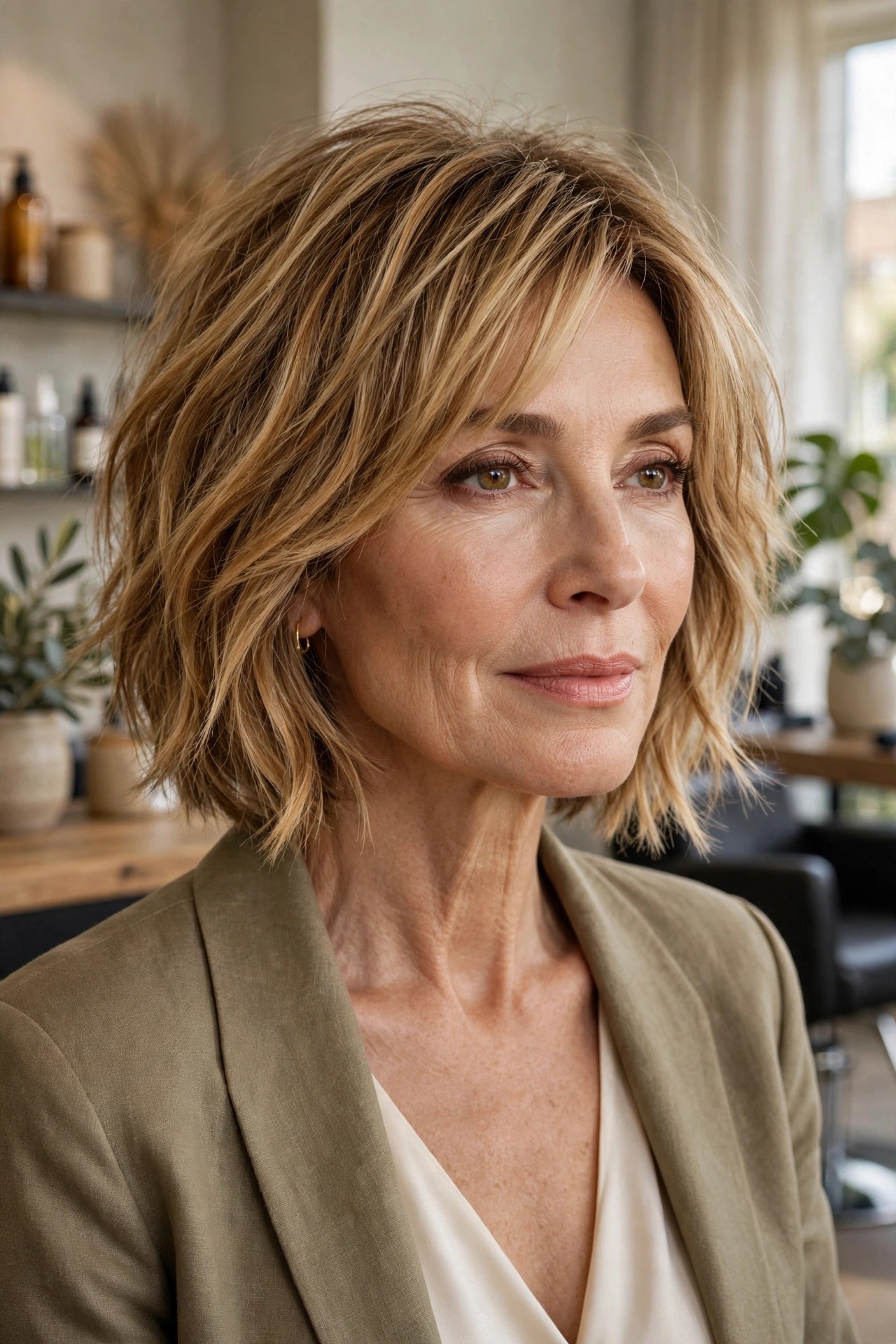 Honey-blonde shaggy bob with balayage highlights