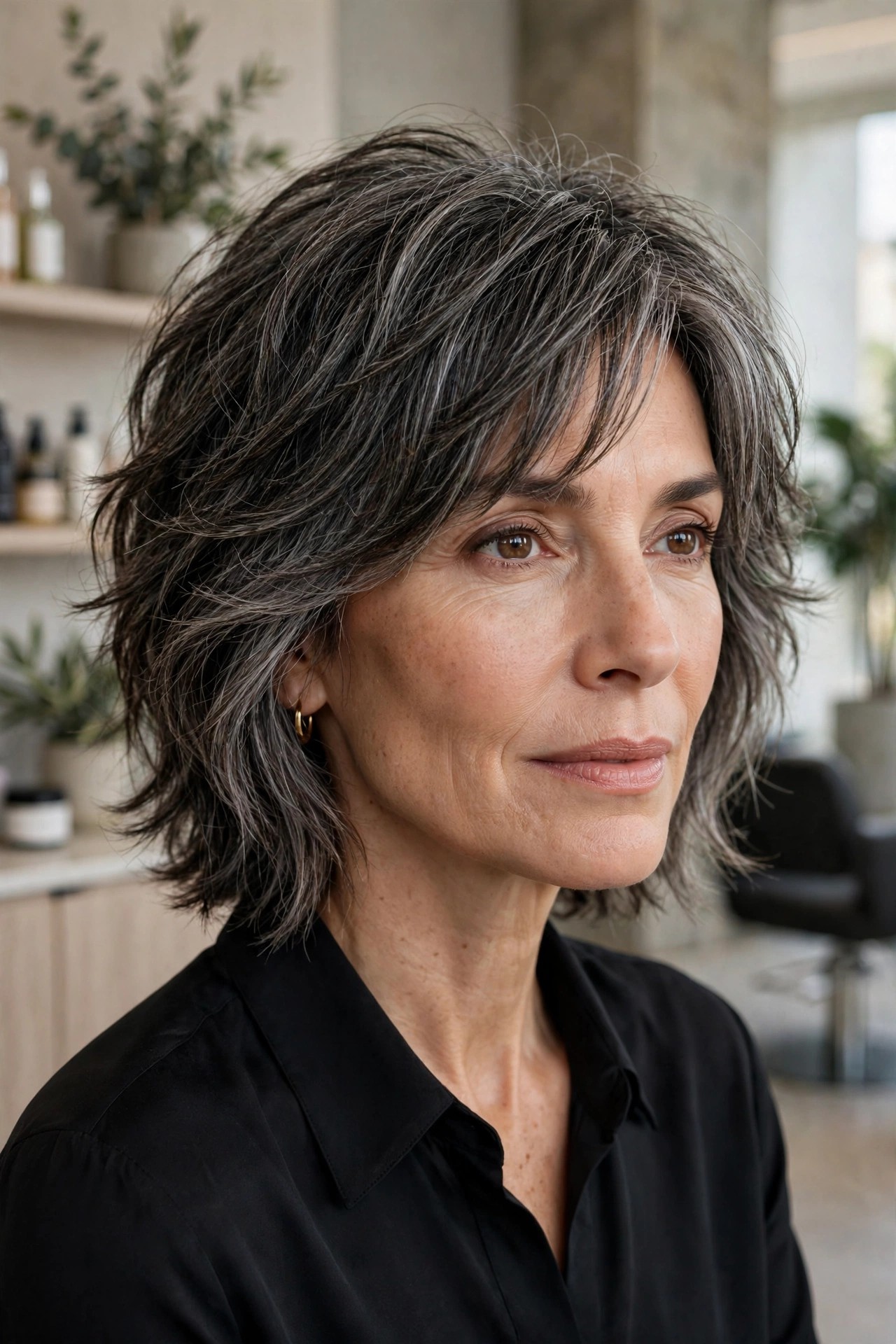 Salt-and-pepper feathered shag haircut