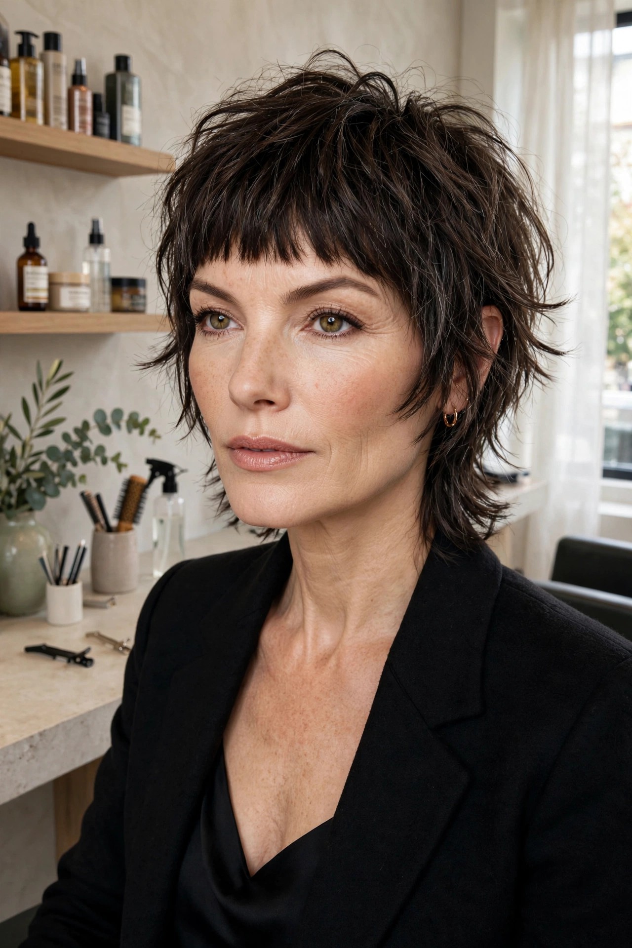 Micro-bang shag with textured fringe above the brow