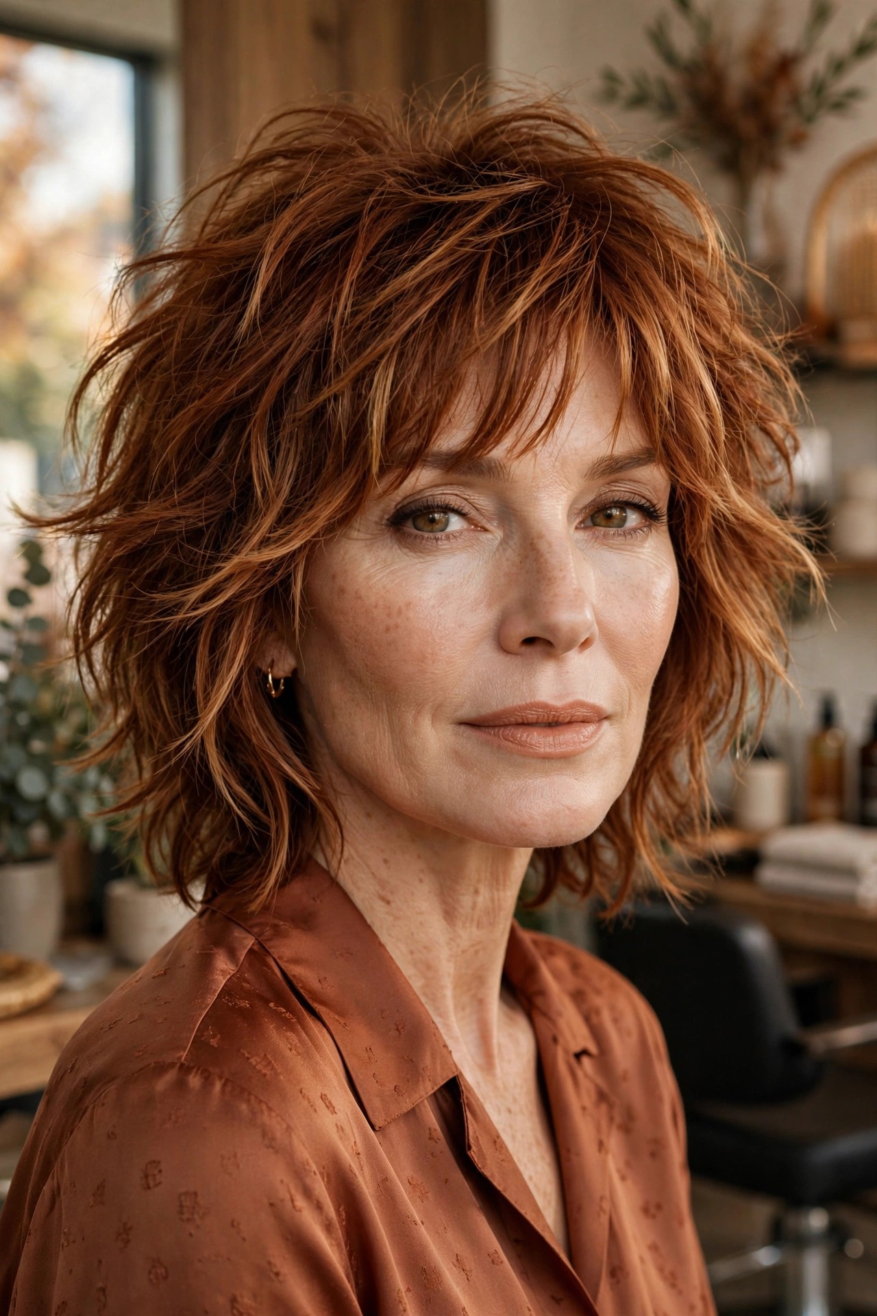 Auburn tousled shag with warm red-brown color
