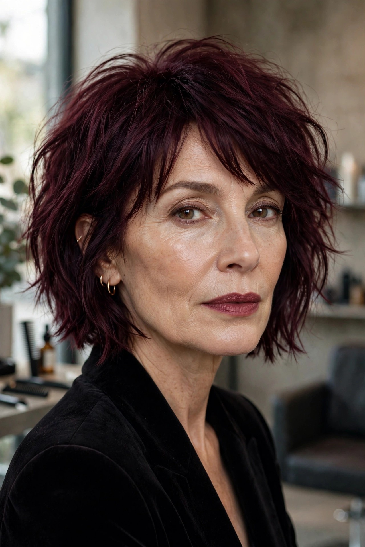 Burgundy shaggy bob with wine-dark color