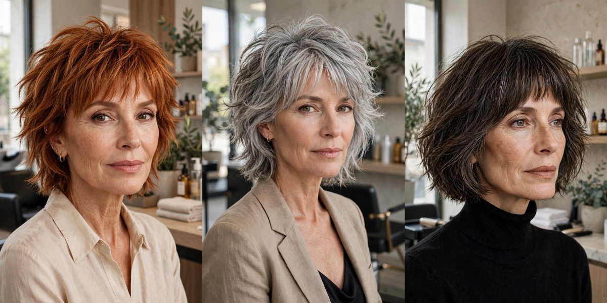 Three short shag haircuts on women over 50: copper choppy shag, silver fox shag, and French-girl shag with bottleneck bangs