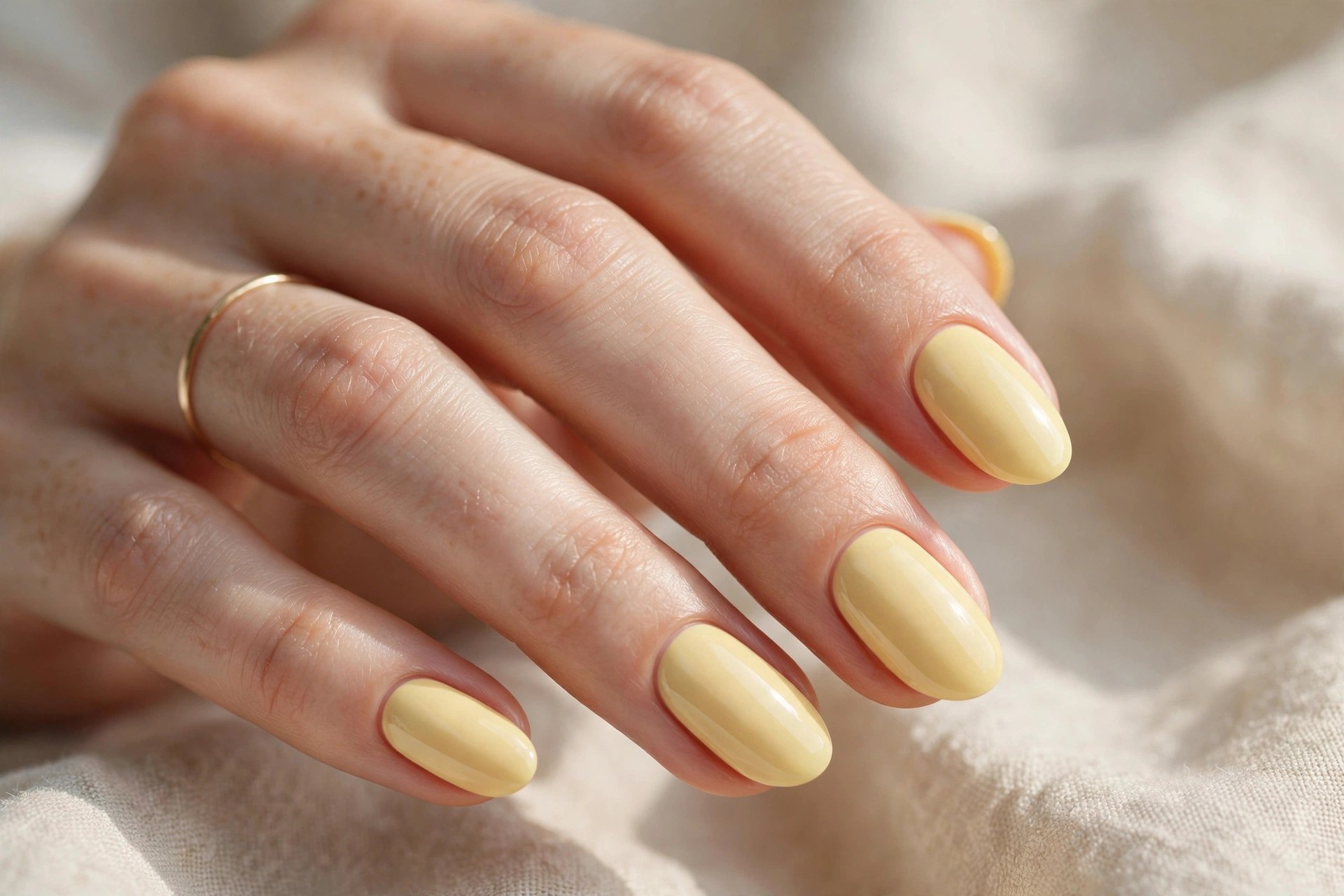 Elegant woman's hand with creamy butter yellow manicured nails