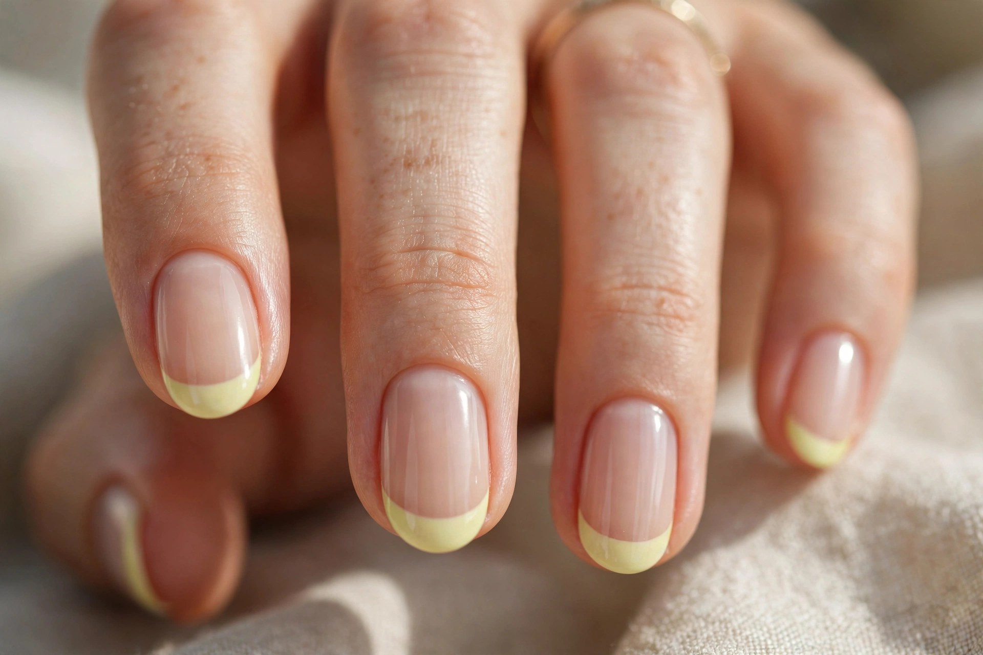 Elegant woman's hand with pale lemon yellow french tip nails