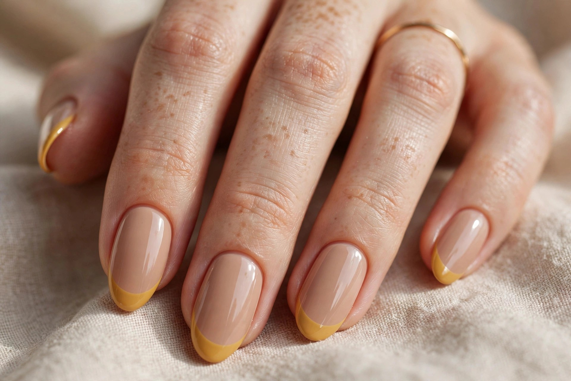 Elegant woman's hand with mustard yellow french tip nails