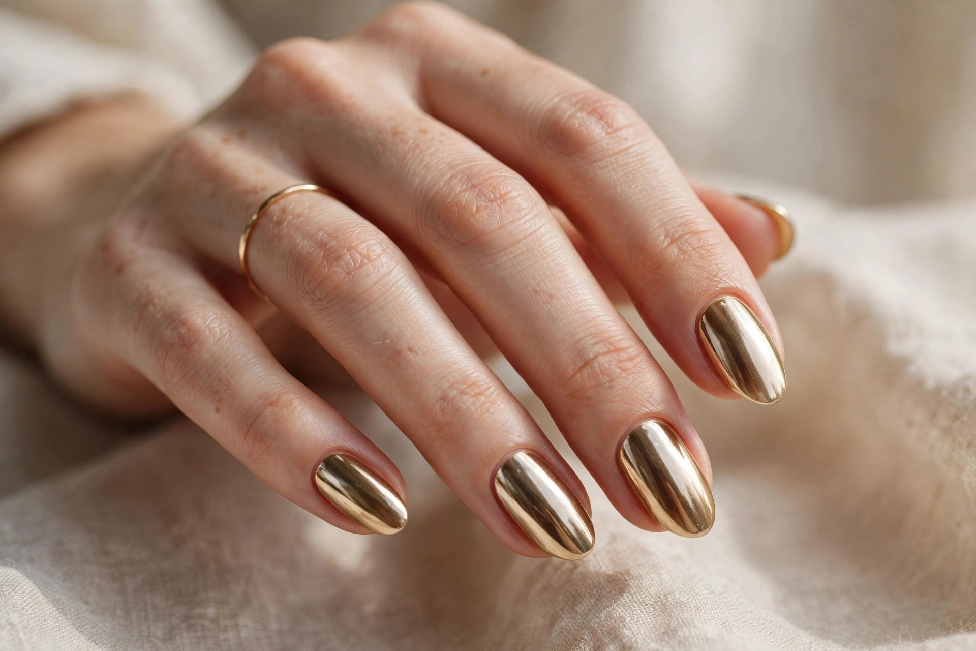 Elegant woman's hand with mirror gold chrome manicured nails