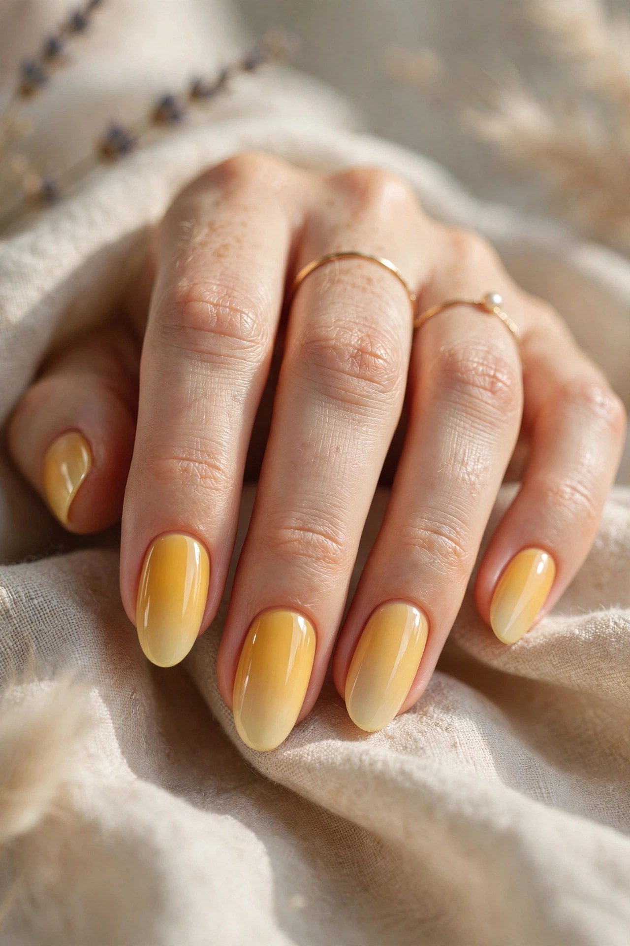 Elegant woman's hand with honey yellow ombre manicured nails