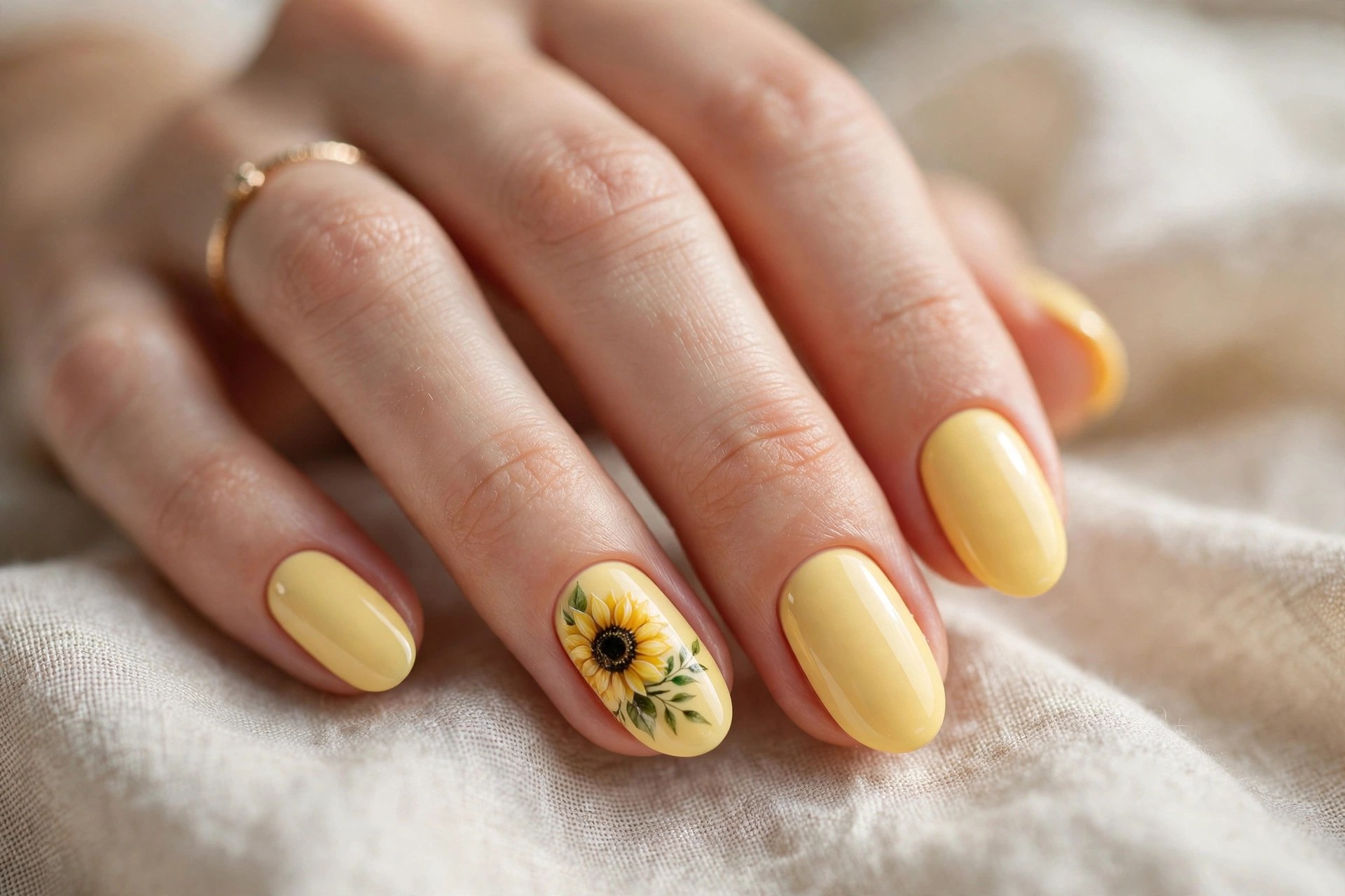 Elegant woman's hand with yellow nails and sunflower accent nail