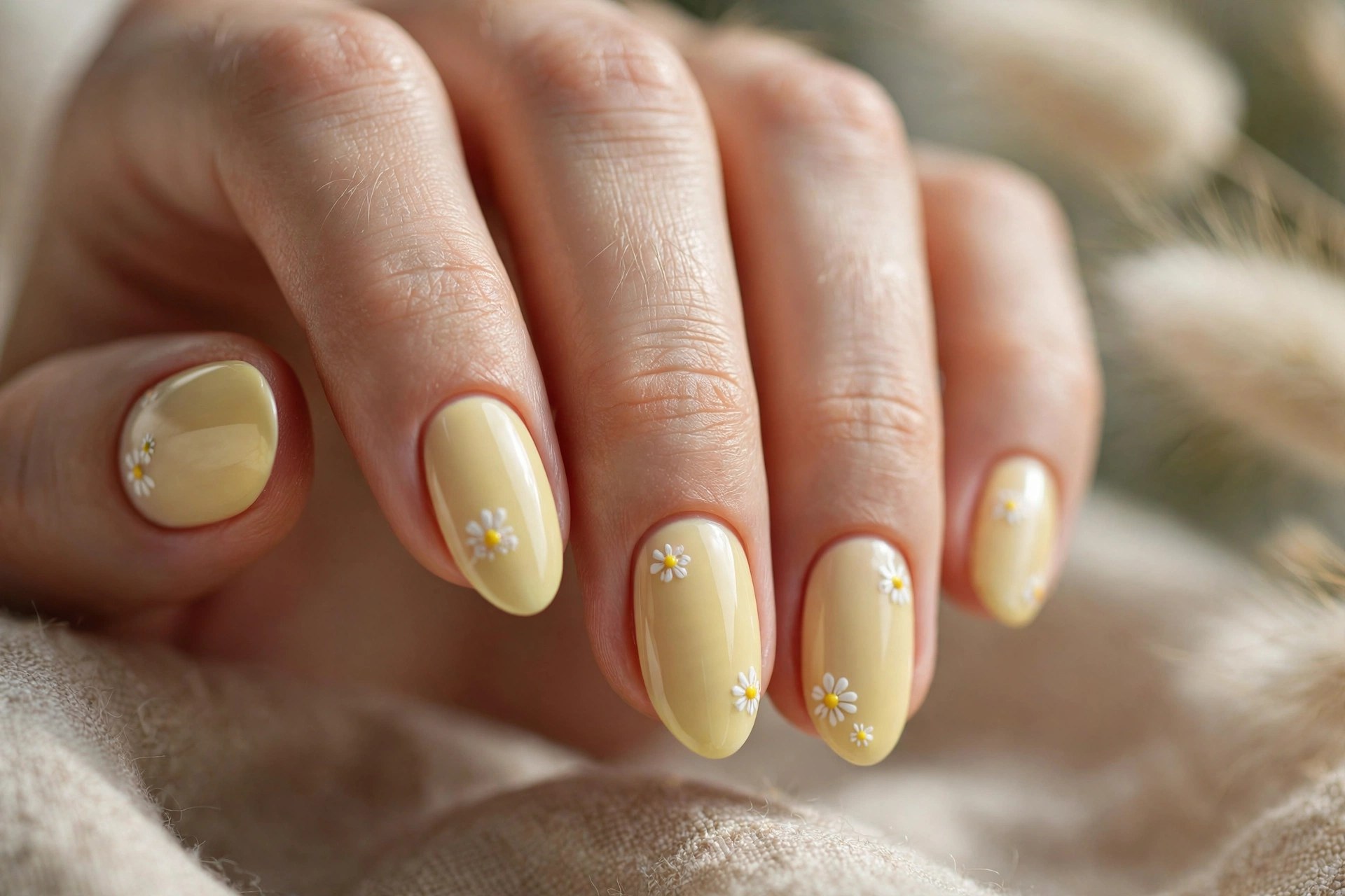 Elegant woman's hand with soft yellow nails and white daisy art