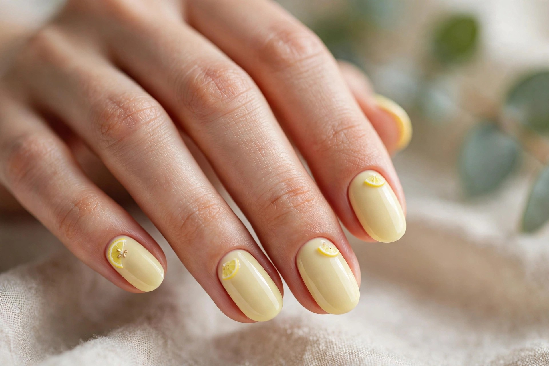 Elegant woman's hand with pale yellow nails and lemon slice art