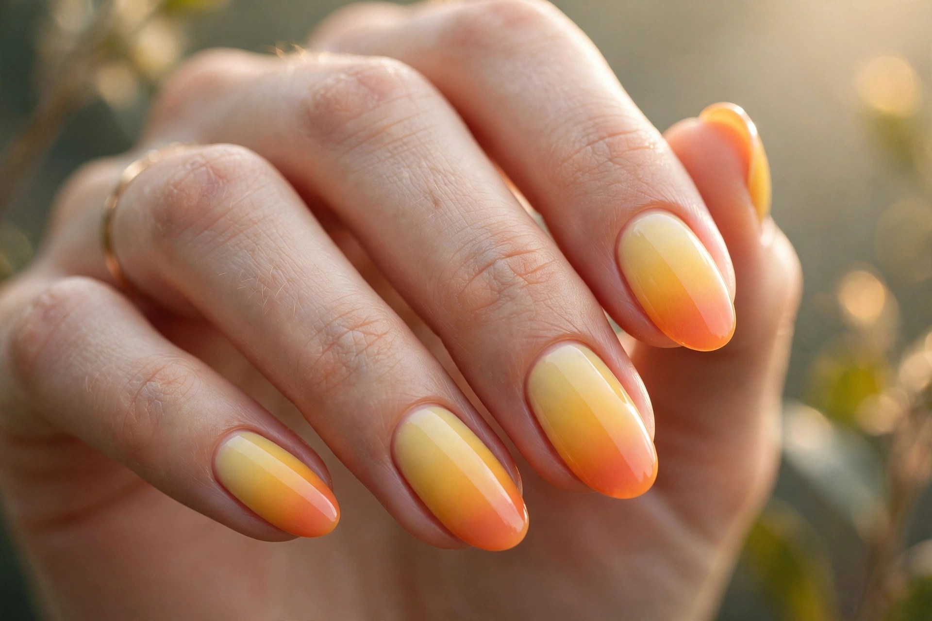 Elegant woman's hand with yellow to orange sunrise ombre nails