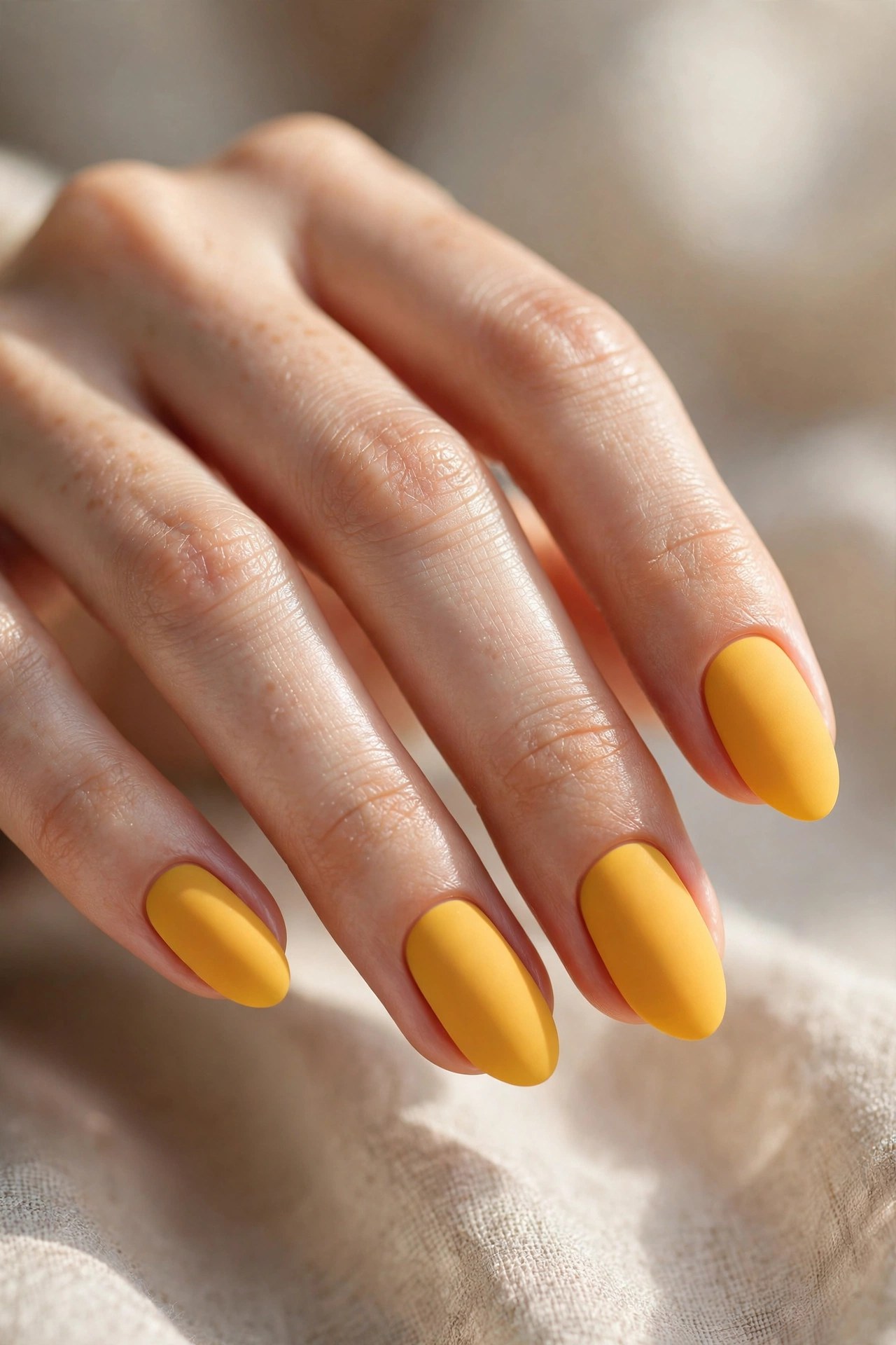 Elegant woman's hand with marigold yellow matte manicured nails