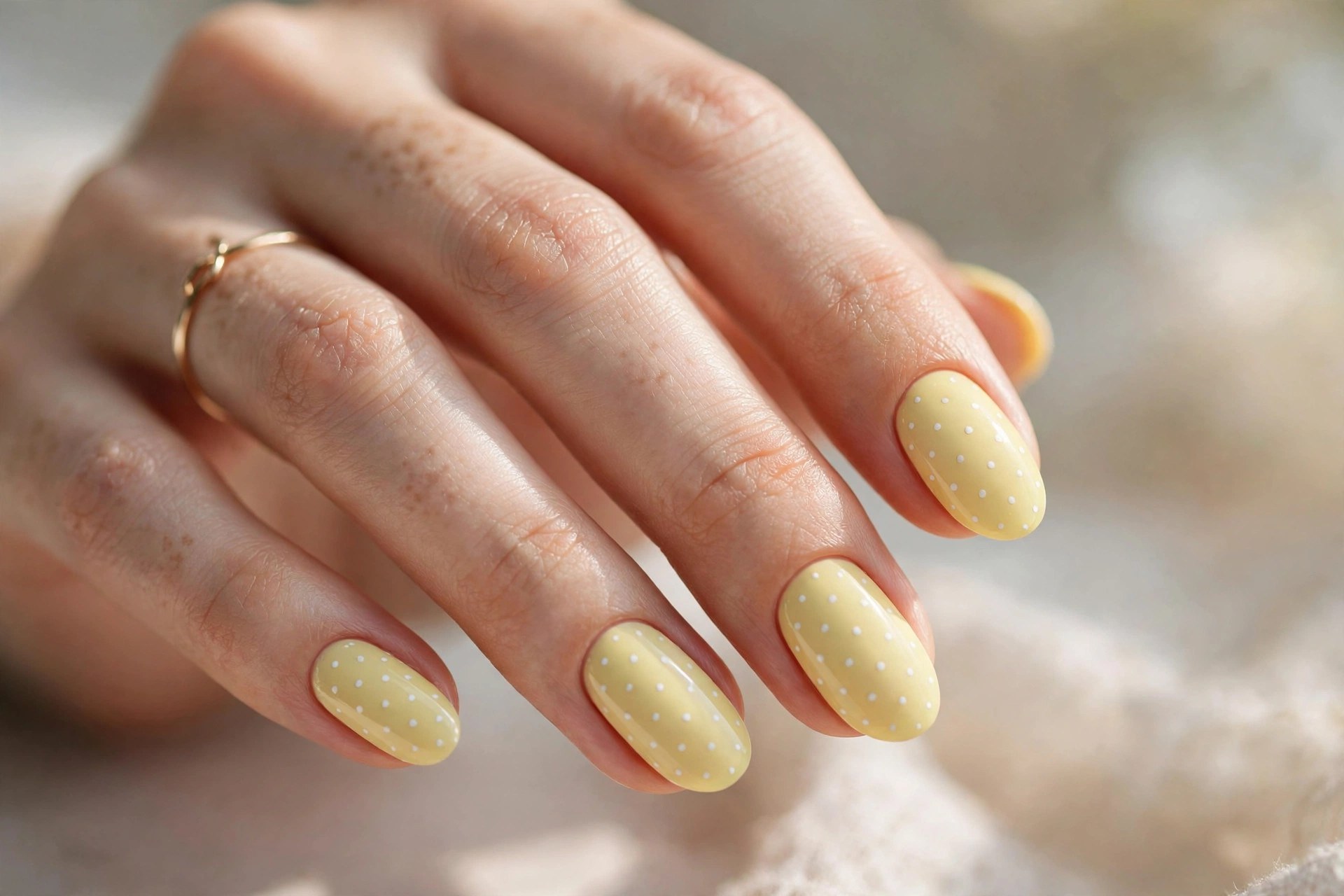 Elegant woman's hand with pastel yellow nails and white dots