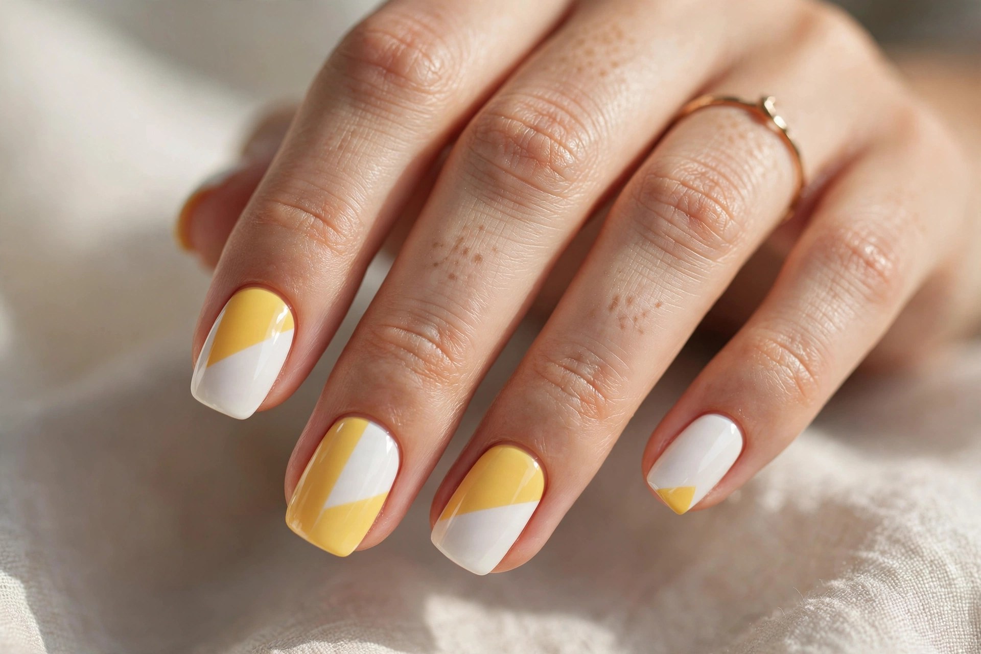 Elegant woman's hand with yellow and white color block nail art