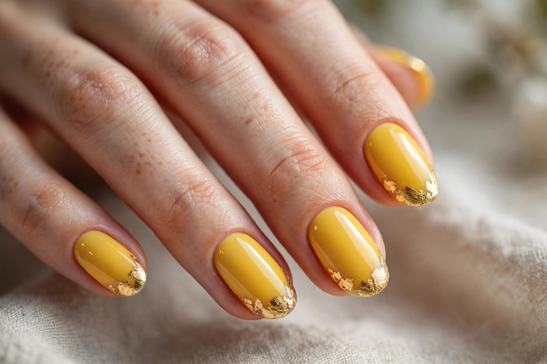 Elegant woman's hand with yellow nails and gold foil tips