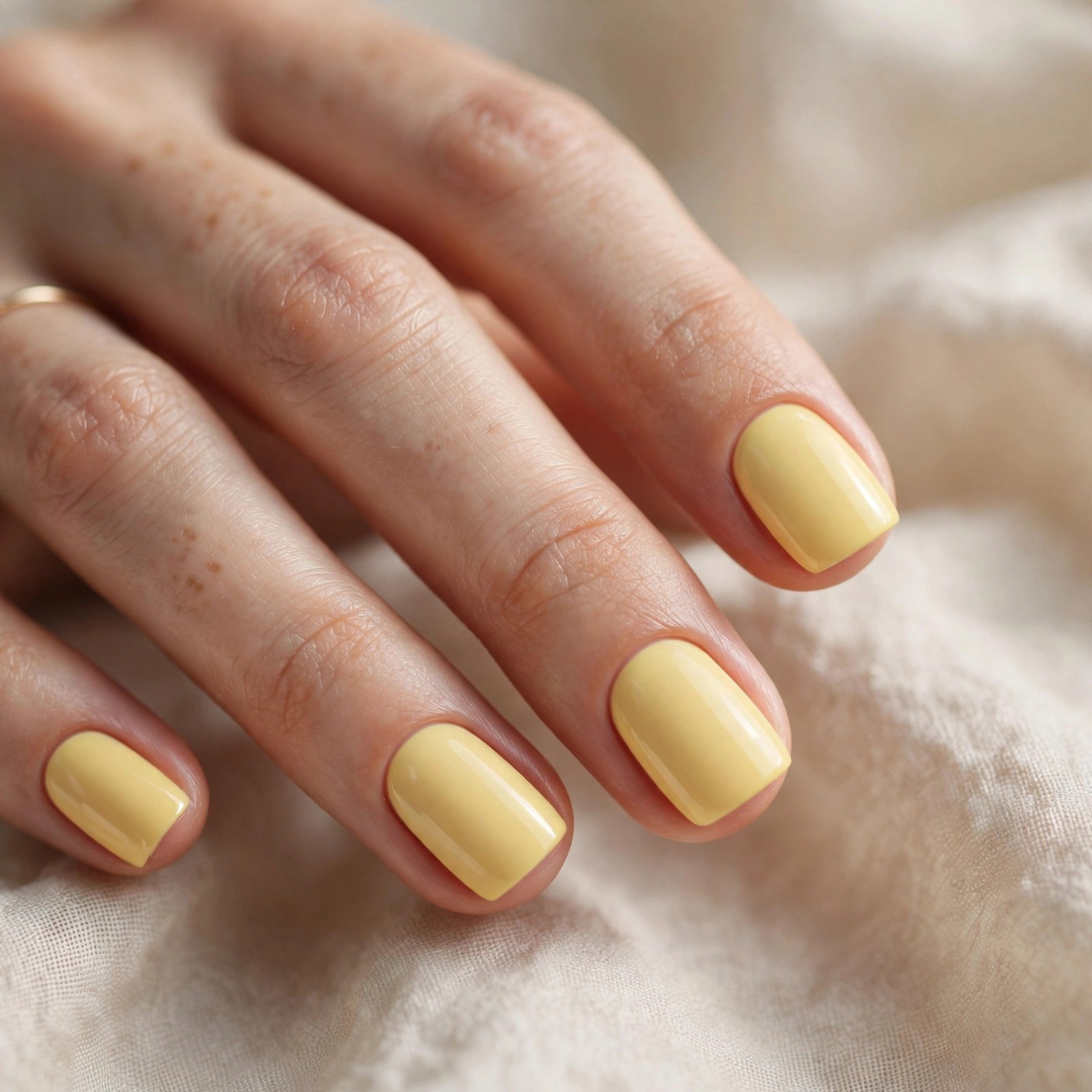 Elegant woman's hand with butter yellow short square nails