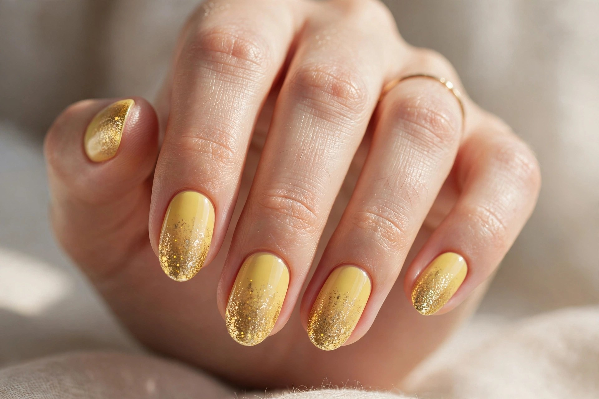 Elegant woman's hand with yellow nails and gold glitter fade