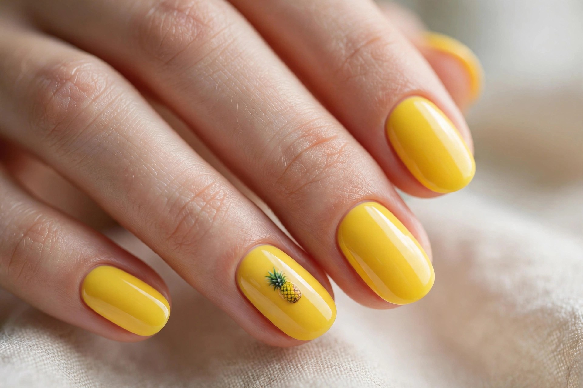 Elegant woman's hand with yellow nails and pineapple accent nail