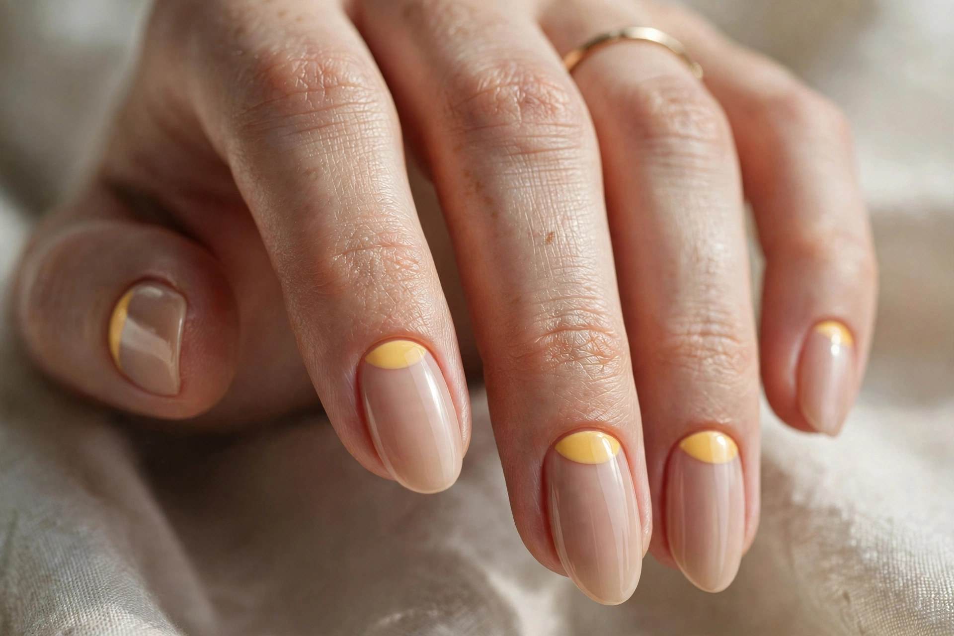 Elegant woman's hand with nude nails and yellow half-moon design