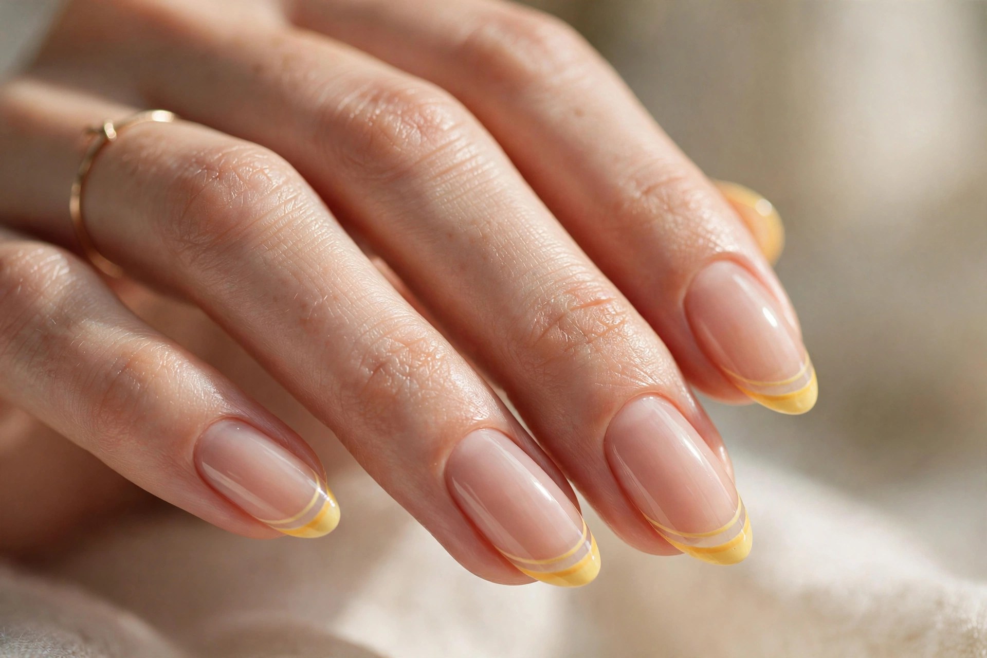 Elegant woman's hand with nude nails and double yellow french tips