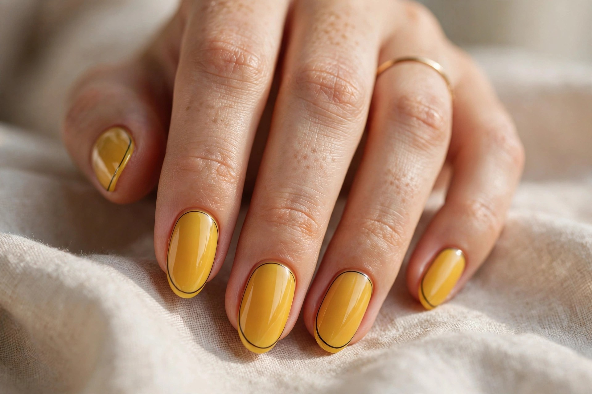 Elegant woman's hand with goldenrod yellow nails and black outline