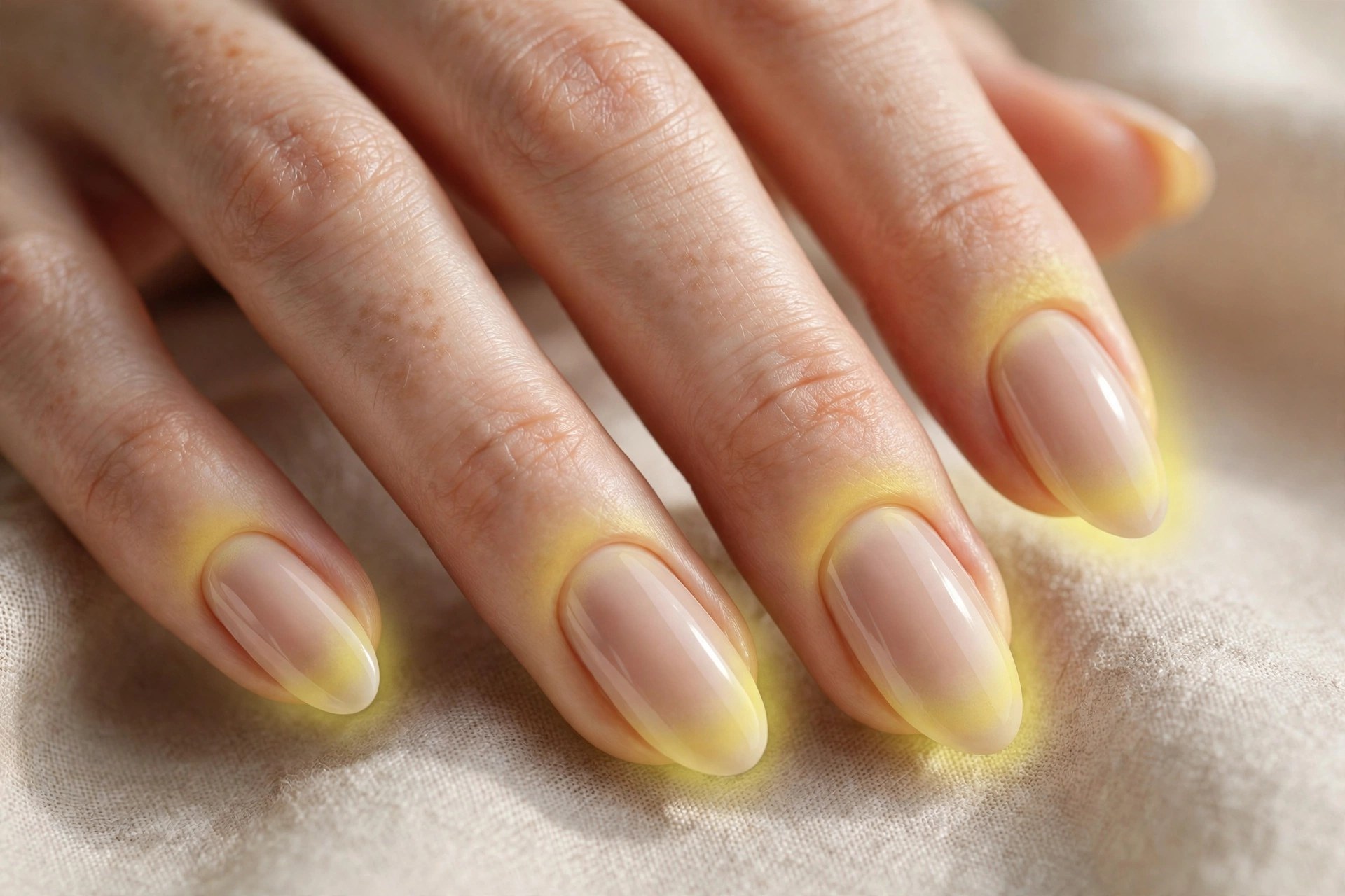 Elegant woman's hand with nude nails and pale yellow aura glow